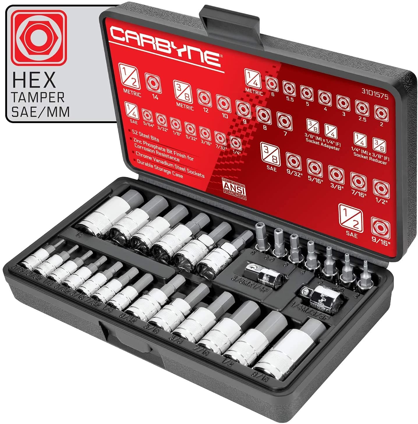 - CARBYNE 28-Piece Tamper-Proof Hex (Allen) Bit Socket Set, SAE and Metric, 5/64 in. to 9/16 in. and 2mm to 14mm, S2 Steel, CrV Sockets, 1/4 3/8 1/2 in. Drive, Durable Case