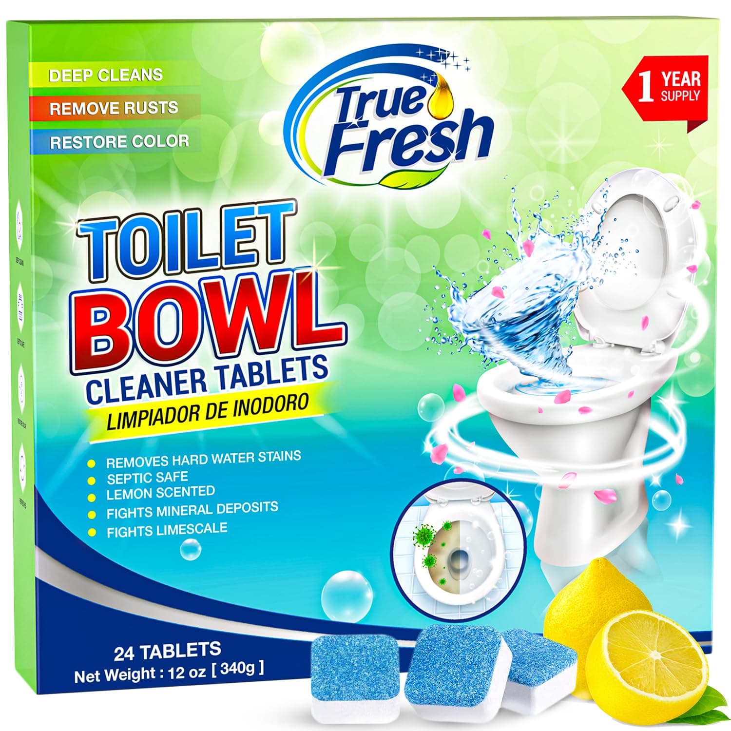 Toilet Bowl Cleaner Tablets 24 Pack – Deodorizer & Septic Safe – Deep Cleaning, Odor Eliminator, Stain Remover for Long-Lasting Freshness – Fresh Lemon Scent