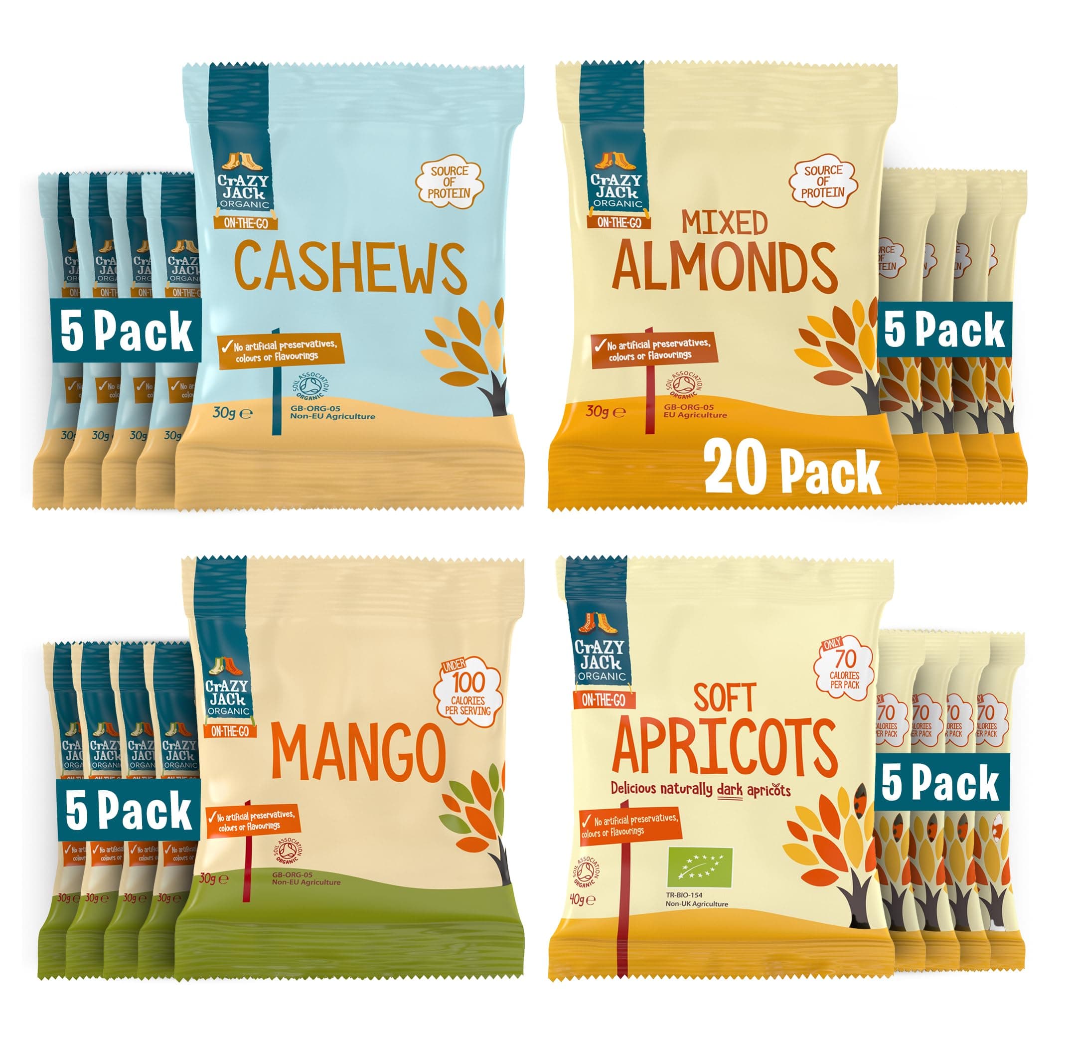 Crazy Jack Organic Fruit & Nut Snacking Bundle 20 x 30g–40g Snack Packs | Cashew Nuts, Mixed Almonds, Dried Mango & Soft Apricots | 100% Organic, No Added Sugar | Healthy Vegan Snack Variety Pack