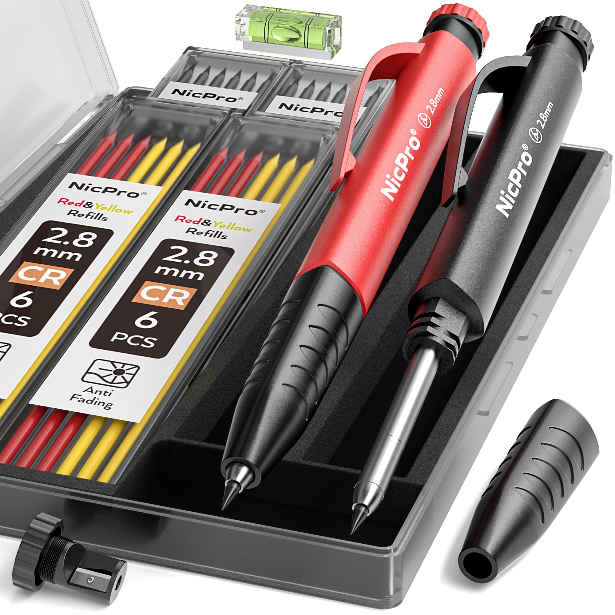 Nicpro 2 Pack Carpenter Pencil Set with Sharpener & Finger Grip, Mechanical Woodworking Pencils with 26 Refills (Red, Black, Yellow), Deep Hole Marker Heavy Duty Construction Pencils - With Case