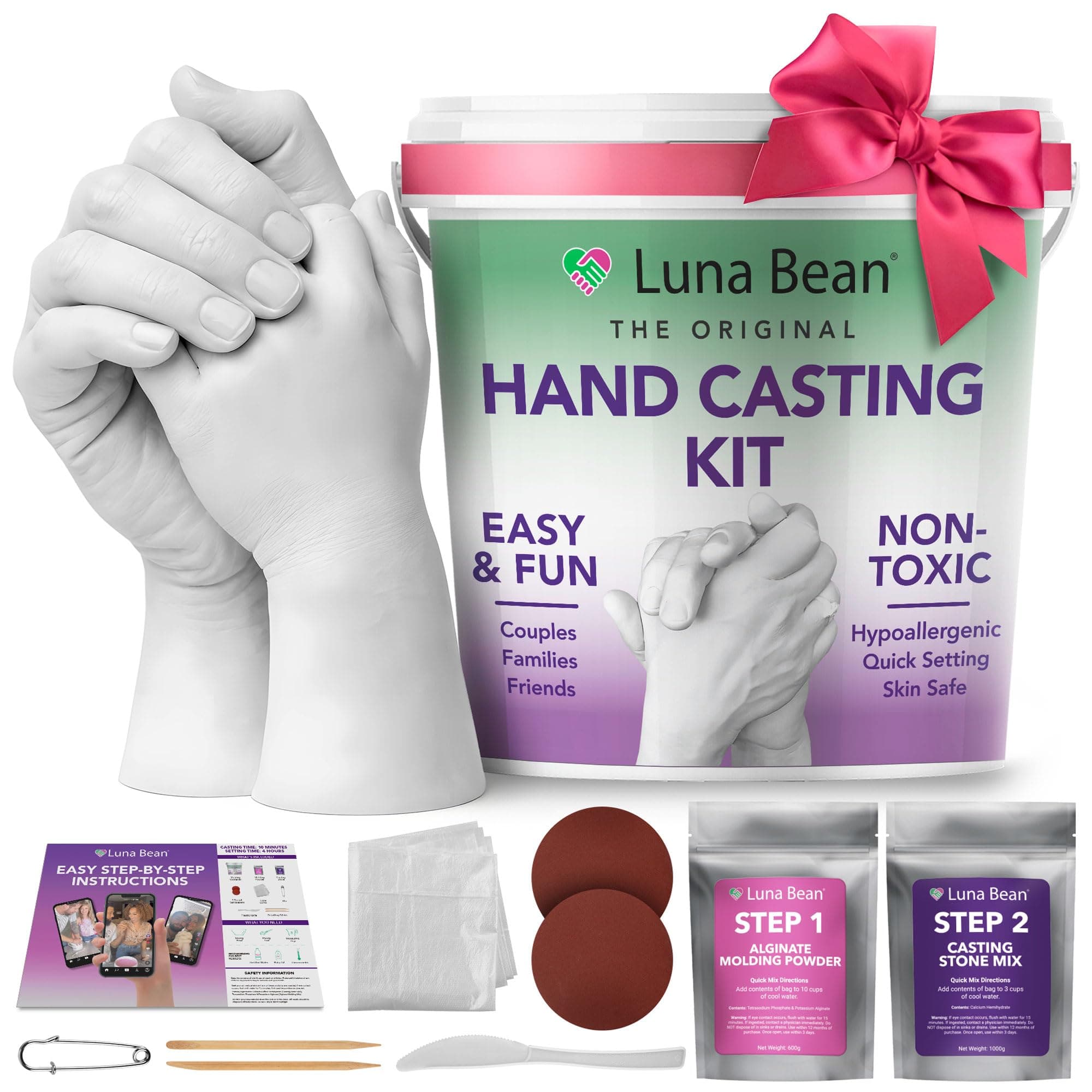 Luna Bean LARGE Keepsake Hands Casting Kit | DIY Plaster Statue Molding Hand Holding Craft Kit for COUPLES, Adult & Child, Wedding, Friends, Anniversary Gift