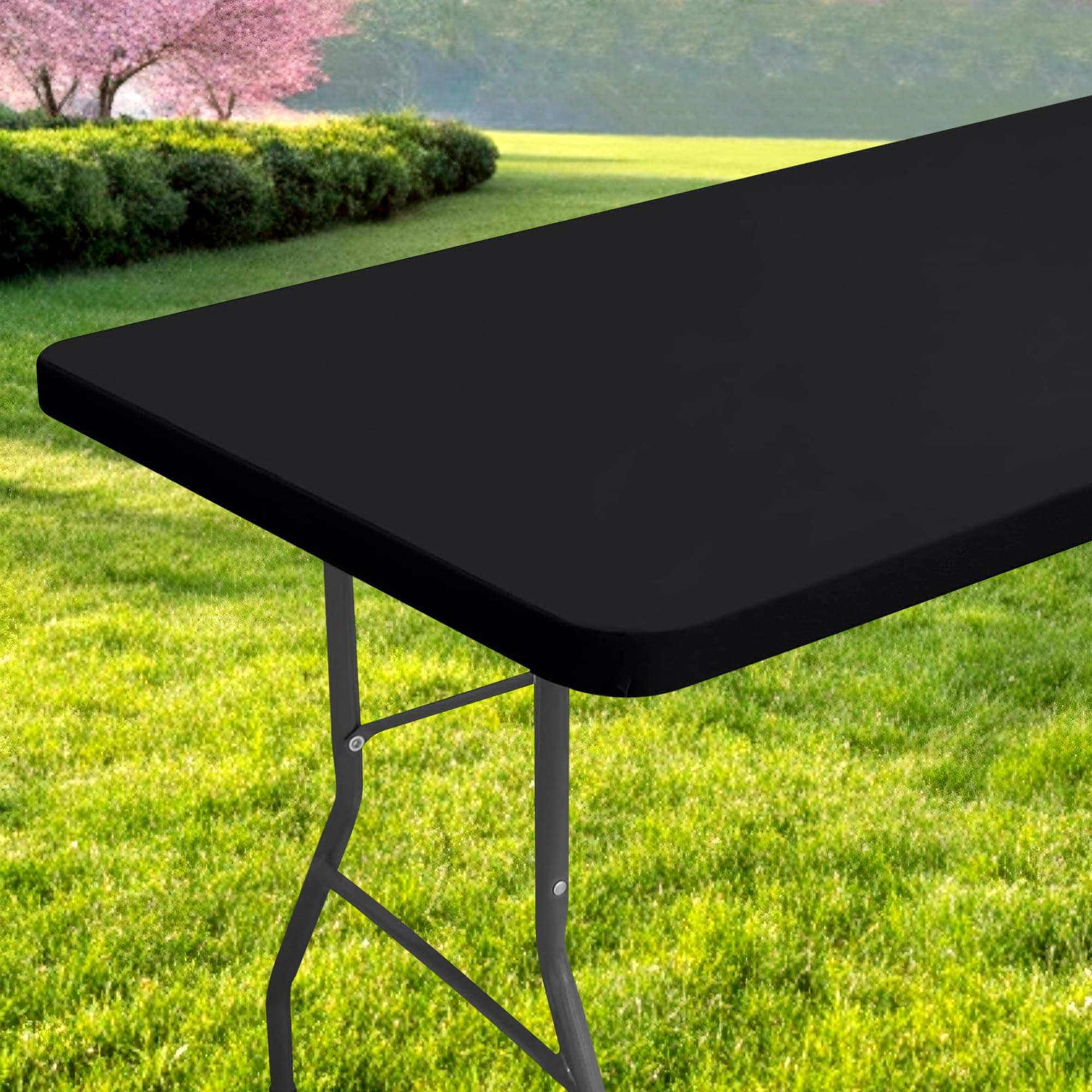 Rectangle Table Cloth, Waterproof Elastic Fitted Tablecloth for 6 Foot Folding Tables, Washable Polyester Tablecloths for Picnic, Camping, Outdoor (Black, 30"x72")