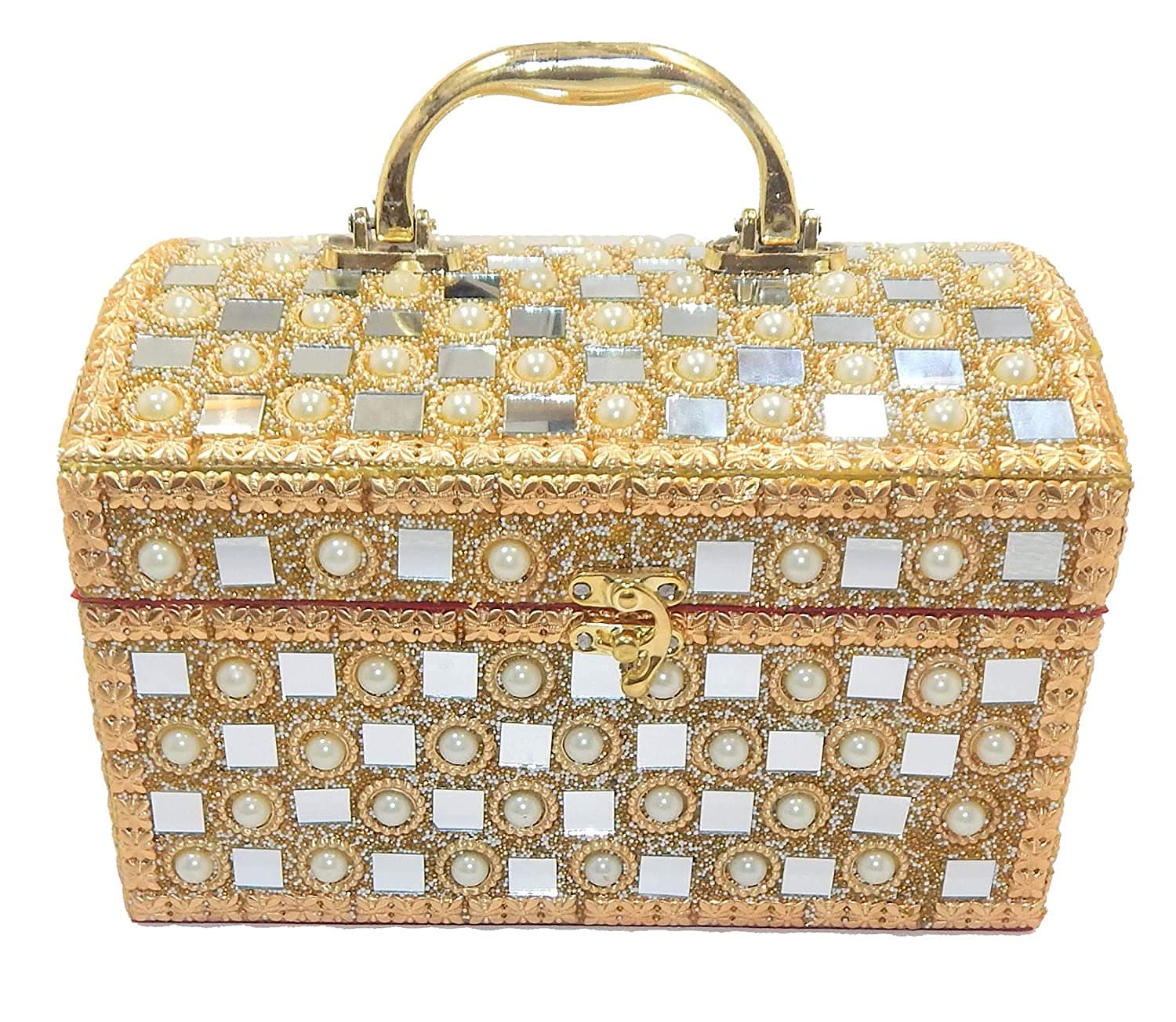 Generic Golden Pearl Vanity Box with Mirror Work | Women's Makeup Kit & Jewellery Box | Dust-Proof & Organised Bangles Rod | 24x15x12 cm