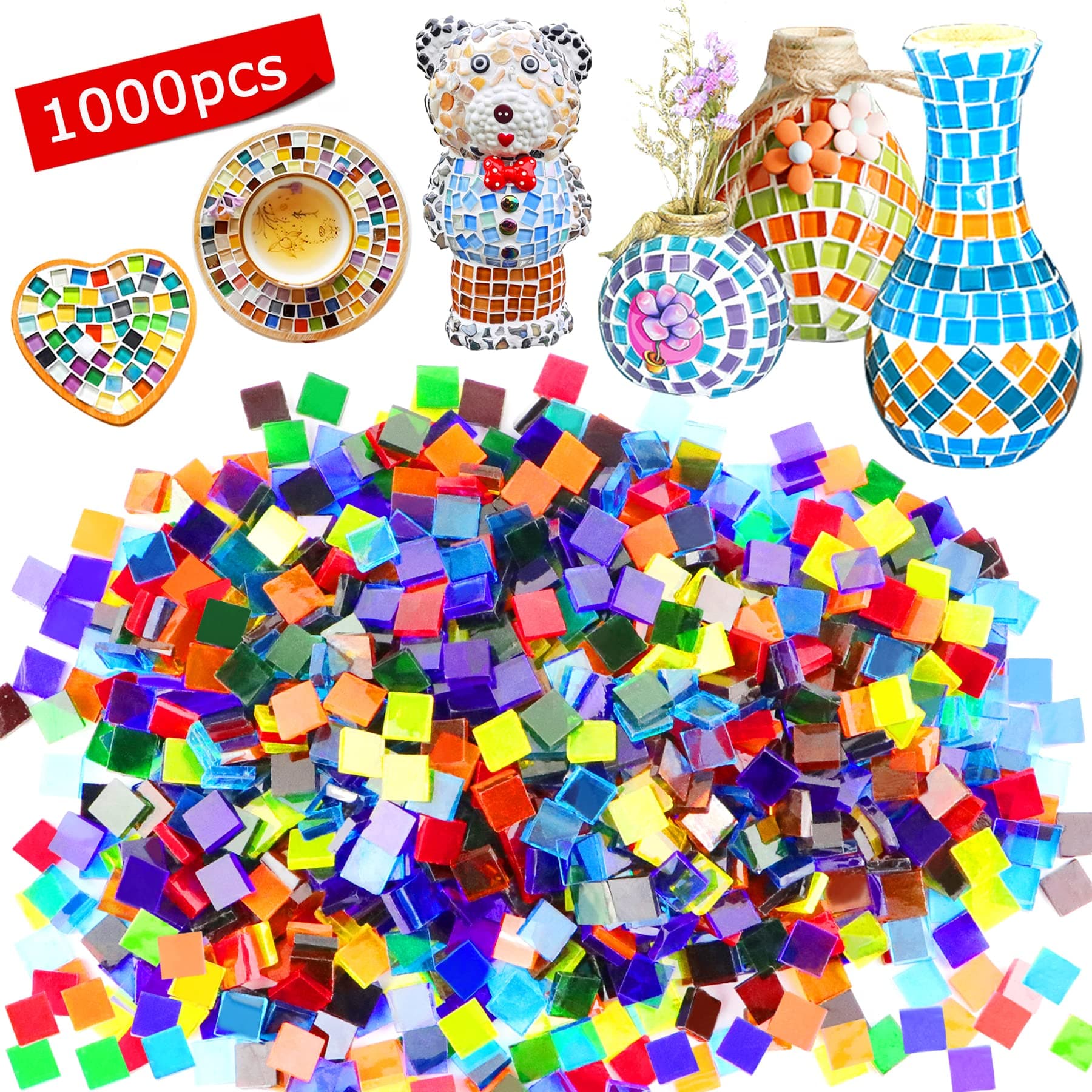 1000 Pcs Mosaic Tiles, Glass Mosaic Tiles for Crafts Bulk, Stained Mosaic Glass Pieces, Mosaic Supplies for Home Decoration, Art Crafts, DIY Projects, Transparent (Square)