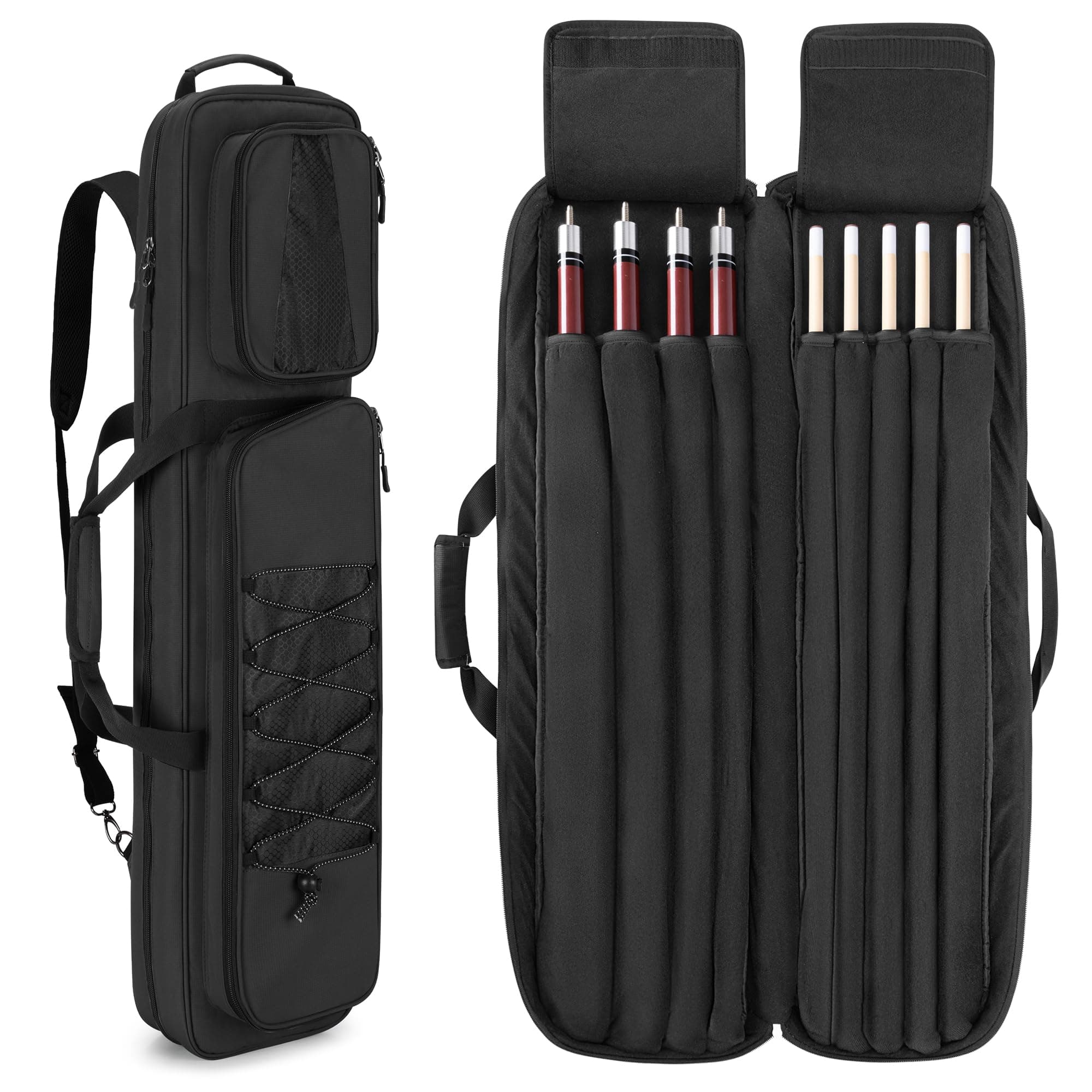 GOBUROS 4x5 Pool Cue Case, Billiard Stick Carrying Case Holds 4 Butts and 5 Shafts, Soft Pool Stick Bag with Large Front Accessories Pockets and Shoulder Strap for Easy Carry