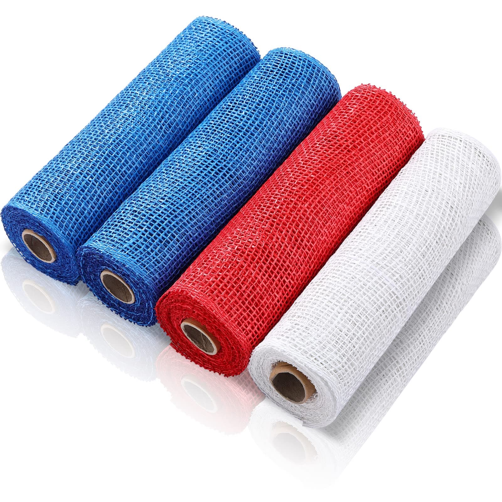 Chuangdi 4 Rolls Poly Burlap Mesh Poly Burlap Deco Mesh Ribbon Mesh Roll for Spring Summer Easter 4th of July DIY Flower Wreath Garland, 10 Inch(Blue, Red, White)
