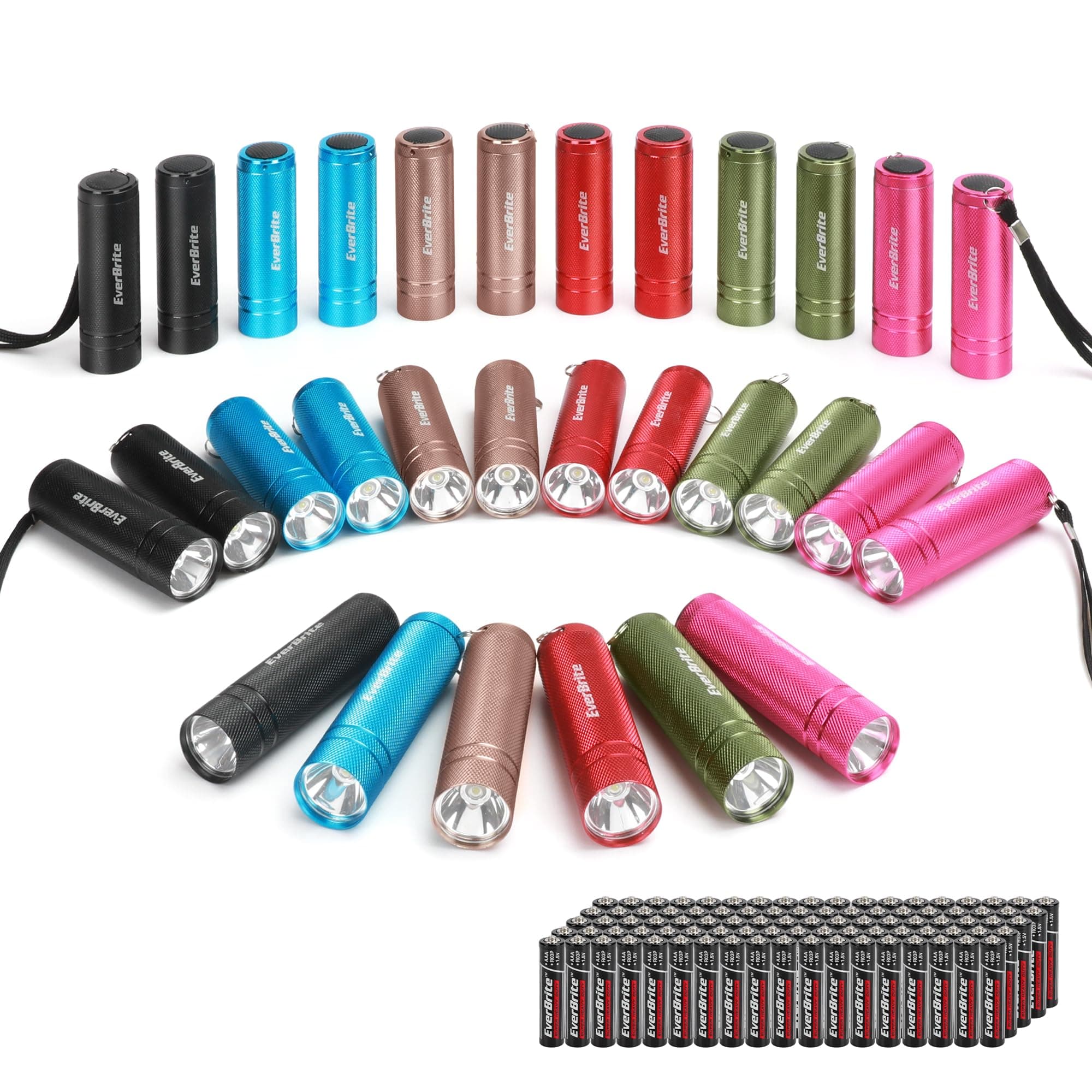 EverBrite 30-pack Mini Small Flashlight Set, Aluminum LED Handheld Torches with Lanyard, Assorted Colors, 90 Batteries Included for EDC, Party Favors, Night Reading, Camping, Power Outage, Emergency