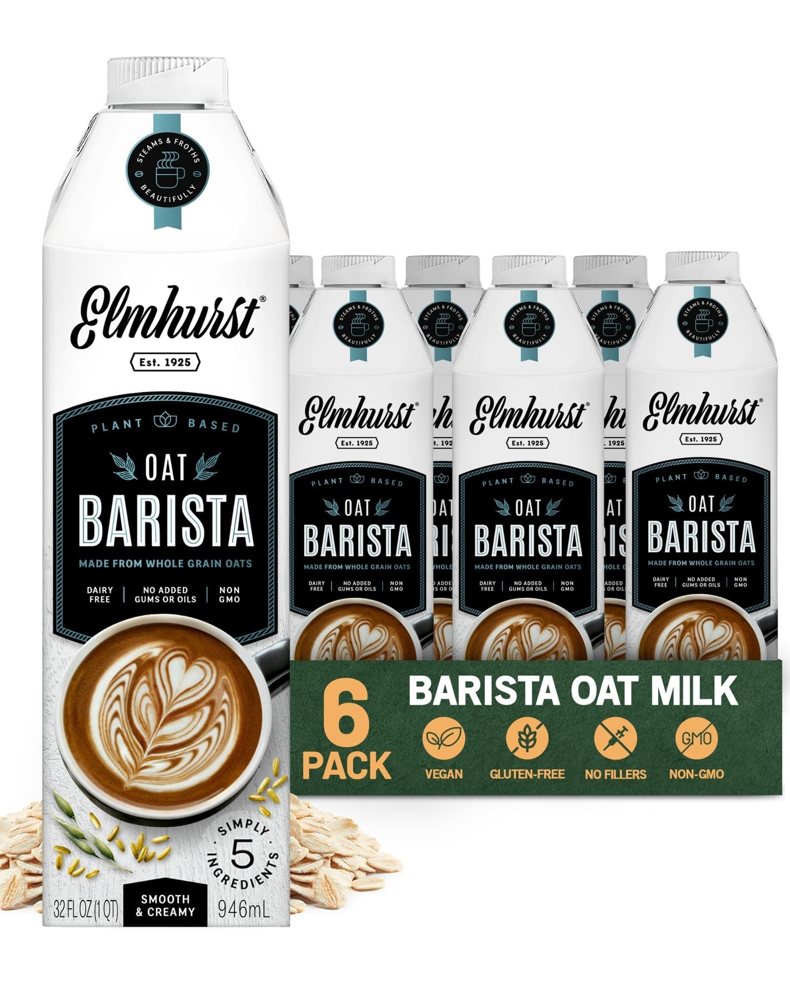 Elmhurst 1925 Oat Milk Barista Edition – 32oz (6-Pack) Plant-Based, Vegan, Dairy-Free, Kosher, Gluten-Free, Non-GMO, Froths for Lattes & Iced Coffee, 20g Whole Grains per Serving, Simple Ingredients