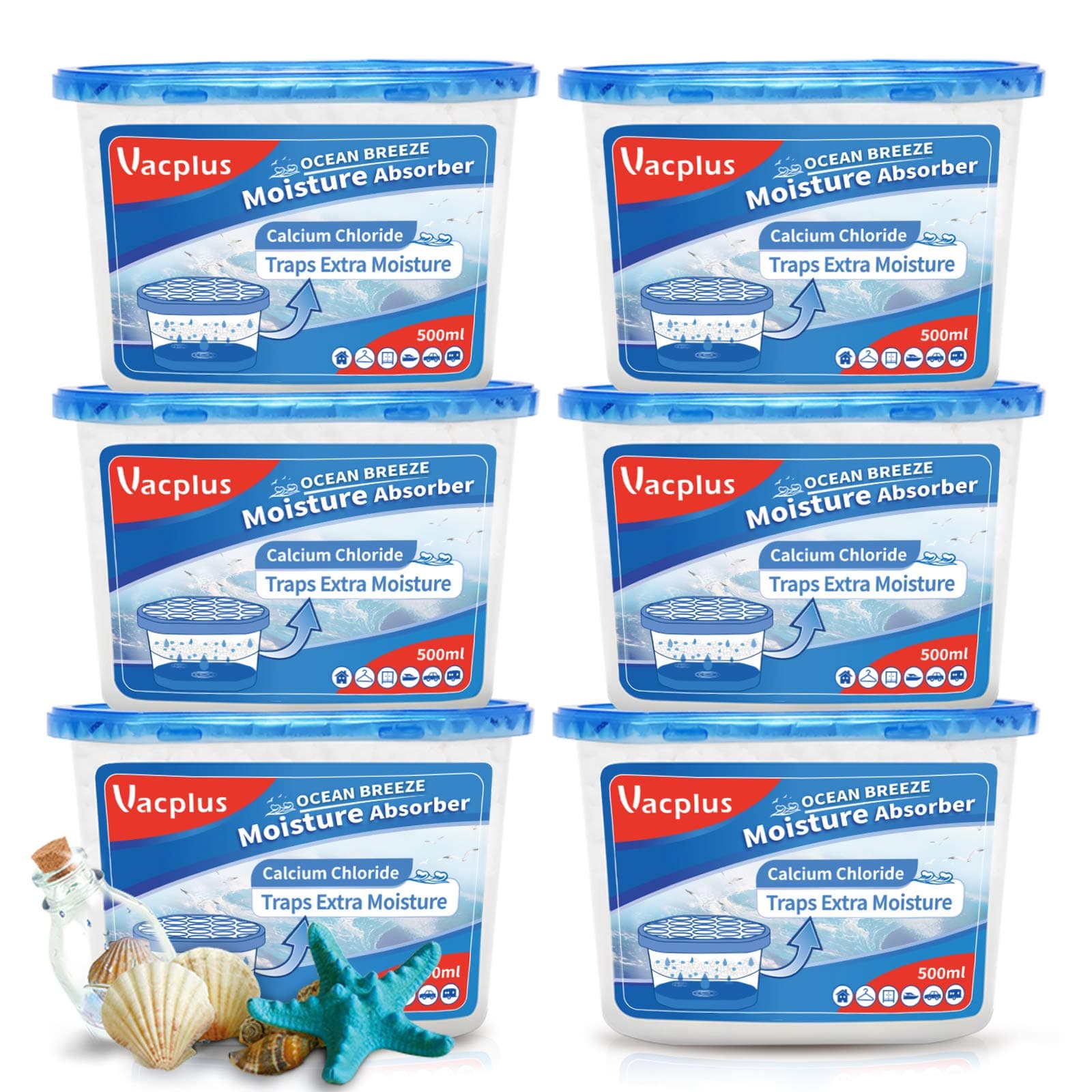 Vacplus Moisture Absorber boxes (6 Pack), 10.5 Oz, Unscented Moisture Absorber, Humidity Absorber Attracts Extra Moisture from Your Bathroom, Closet, Kitchen & Study, Dehumidifier for Closet (Ocean)