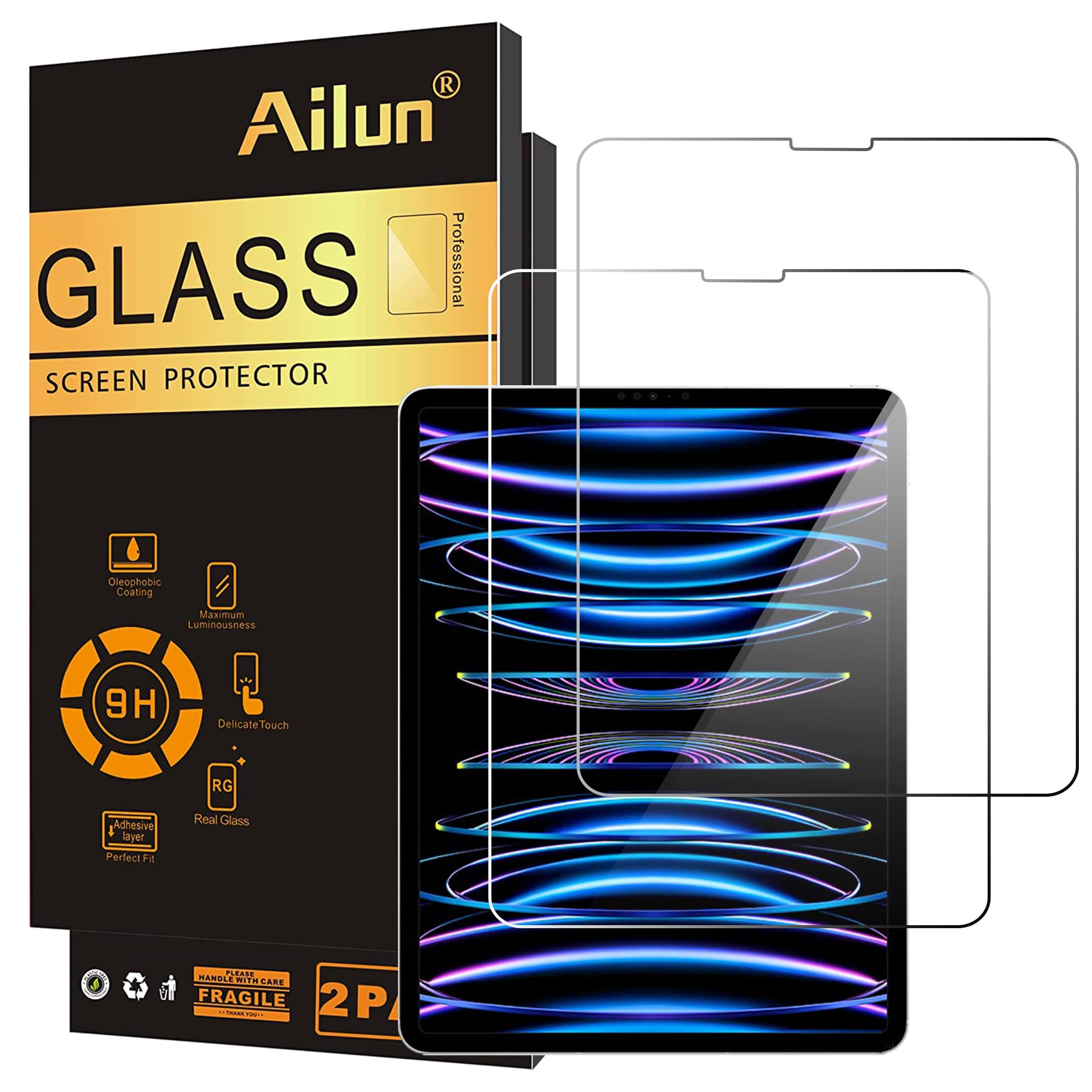 Ailun 2 Pack Screen Protector for iPad Pro 12.9 Inch Display [2022 & 2021 & 2020 & 2018 Release] Tempered Glass [Face ID & Apple Pencil Compatible] Ultra Sensitive Case Friendly