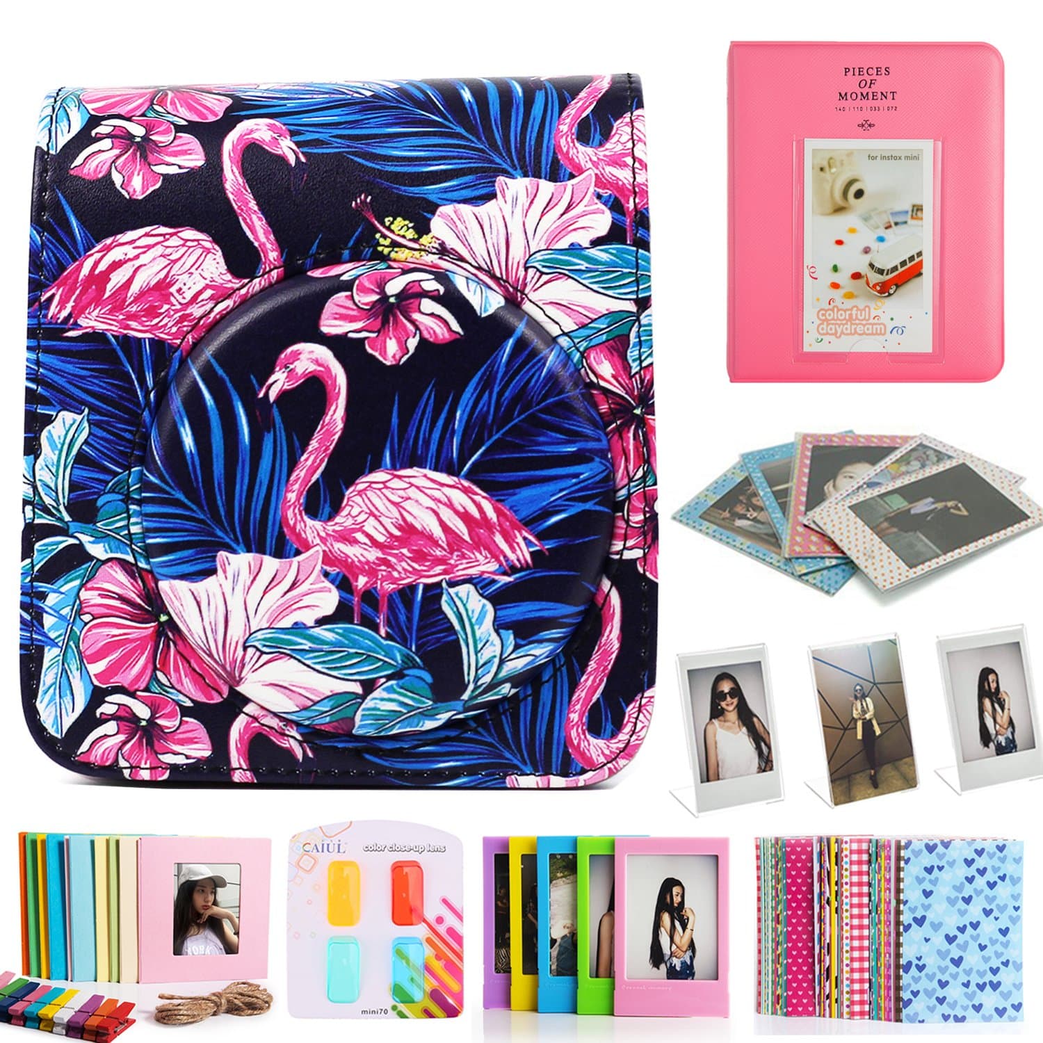 CAIUL Compatible Instax Mini 70 Camera Accessories Bundle with Case, Photo Album, Filters Lens, Frame Other Accessories for Fujifilm Instax Mini 70 Camera (Flamingo Black, 8 Items)