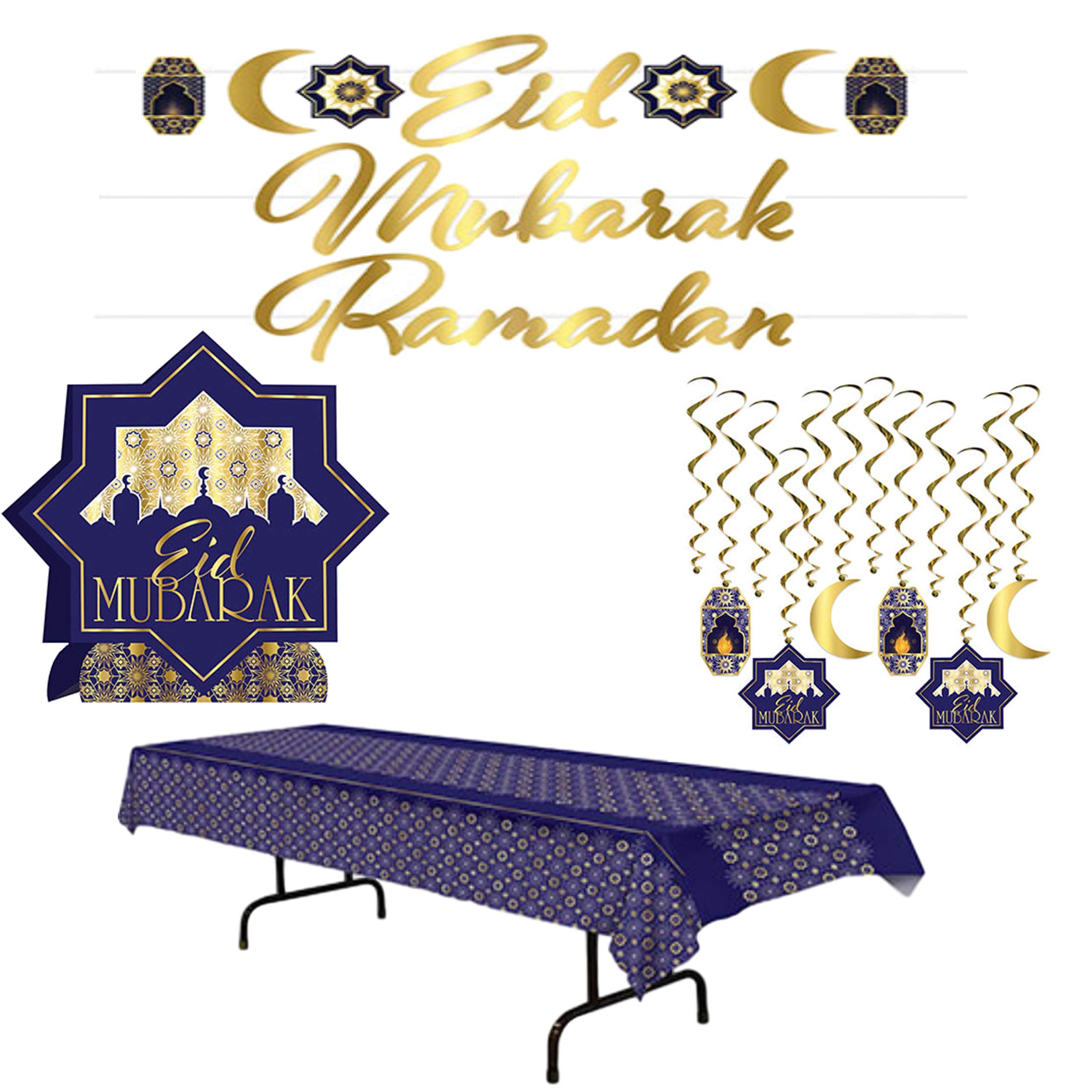 Eid Mubarak Celebration Party Decoration Kit - Bundle Includes Table Cover, 3-D Centerpiece, Streamer Set, and Hanging Whirls