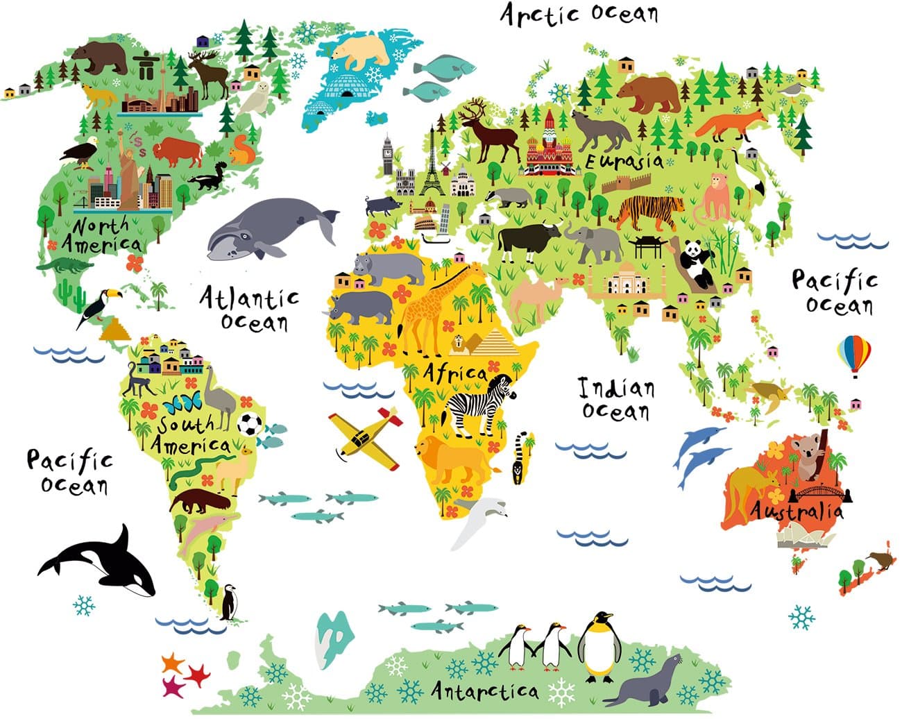 Jungle Animals Landmarks World Map Wall Decal Stickers