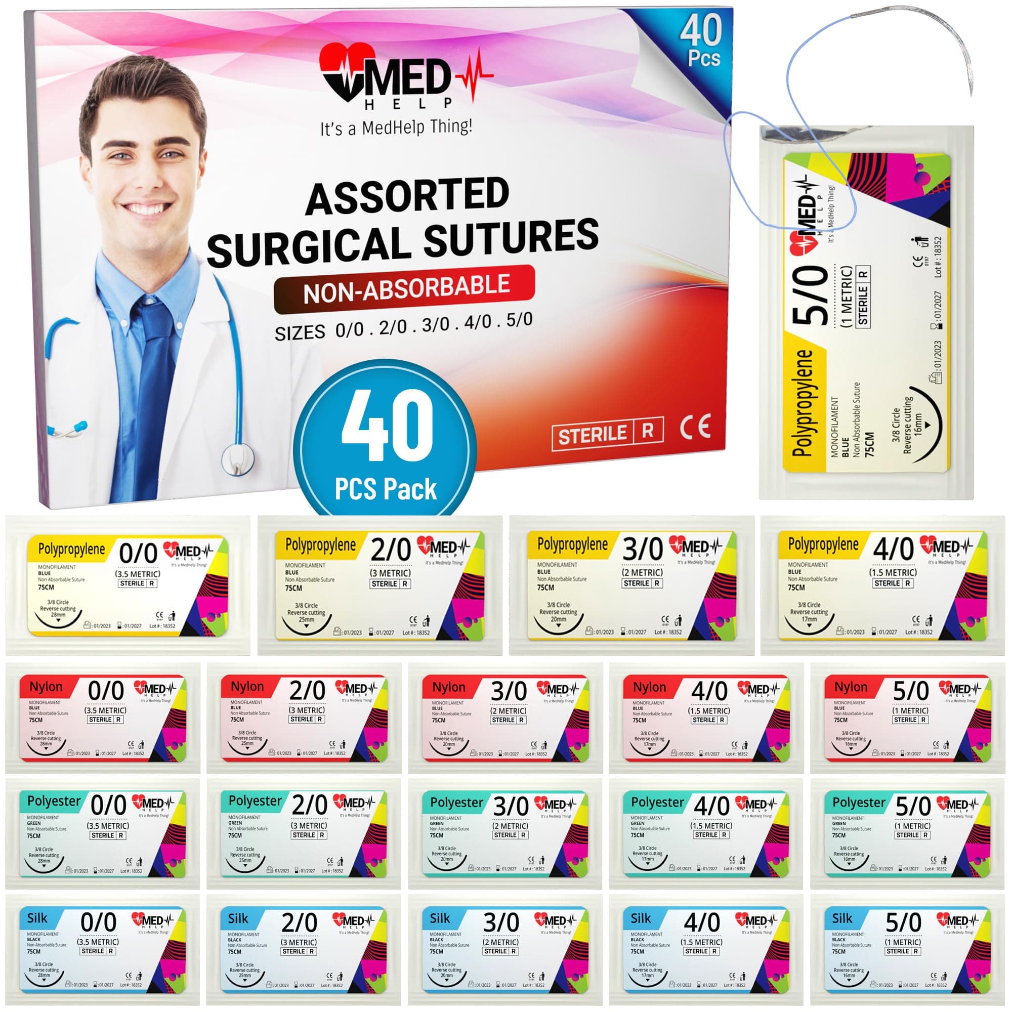 Practice Sutures Thread with Needle - 40 Pack Mixed 0 1/0 2/0 3/0 4/0 5/0 Suture Practice Kit - Survival Stitches Kit Military Grade, Medical and Nursing Suture Kit (Demonstration and Training only)