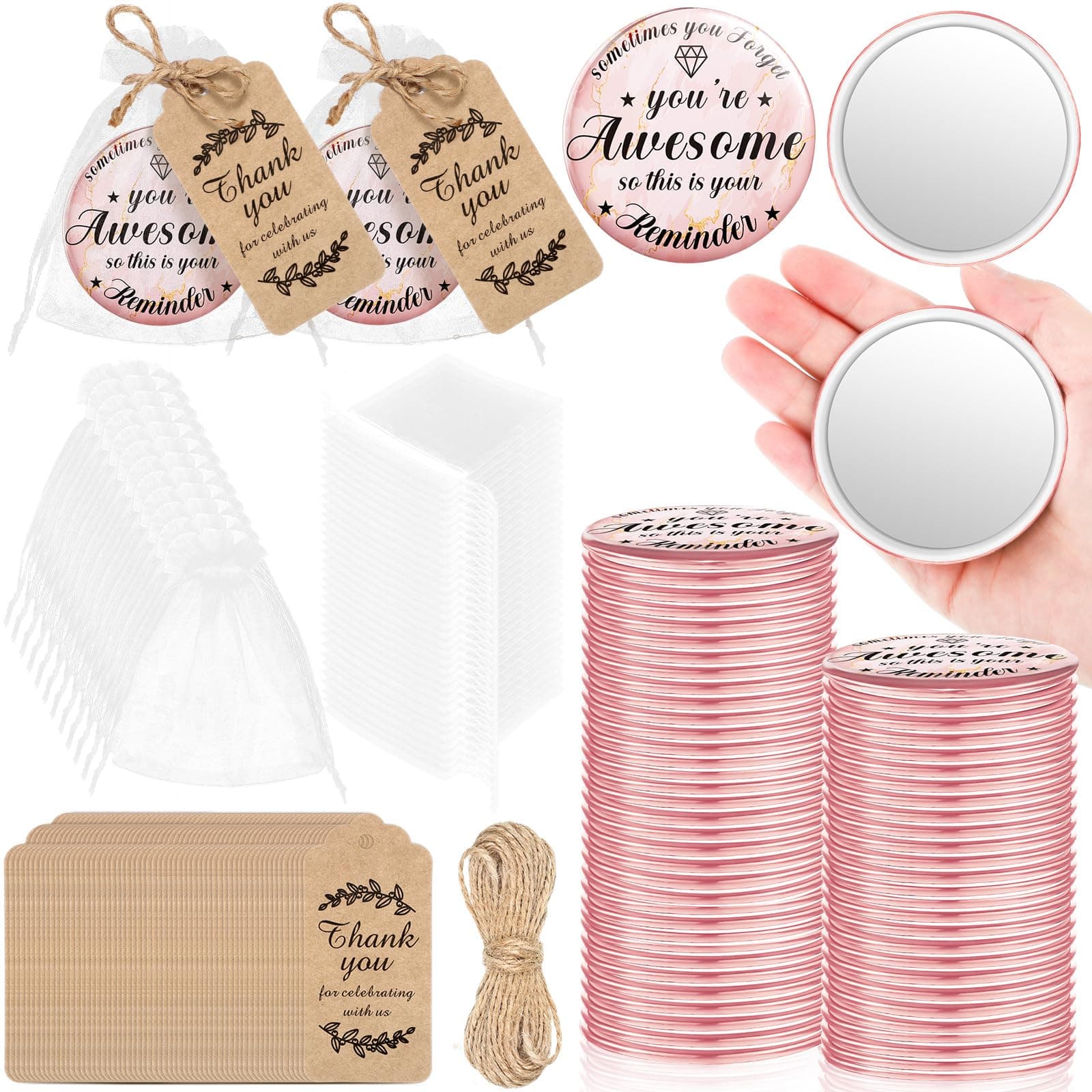 Tradder 50 Sets 2.76 Inch Inspirational Compact Mirrors Bulk Small Purse Pocket Makeup Pink Mirrors Quinceanera Party Gifts Employee Appreciation Gifts Set for Women Coworker (Awesome)
