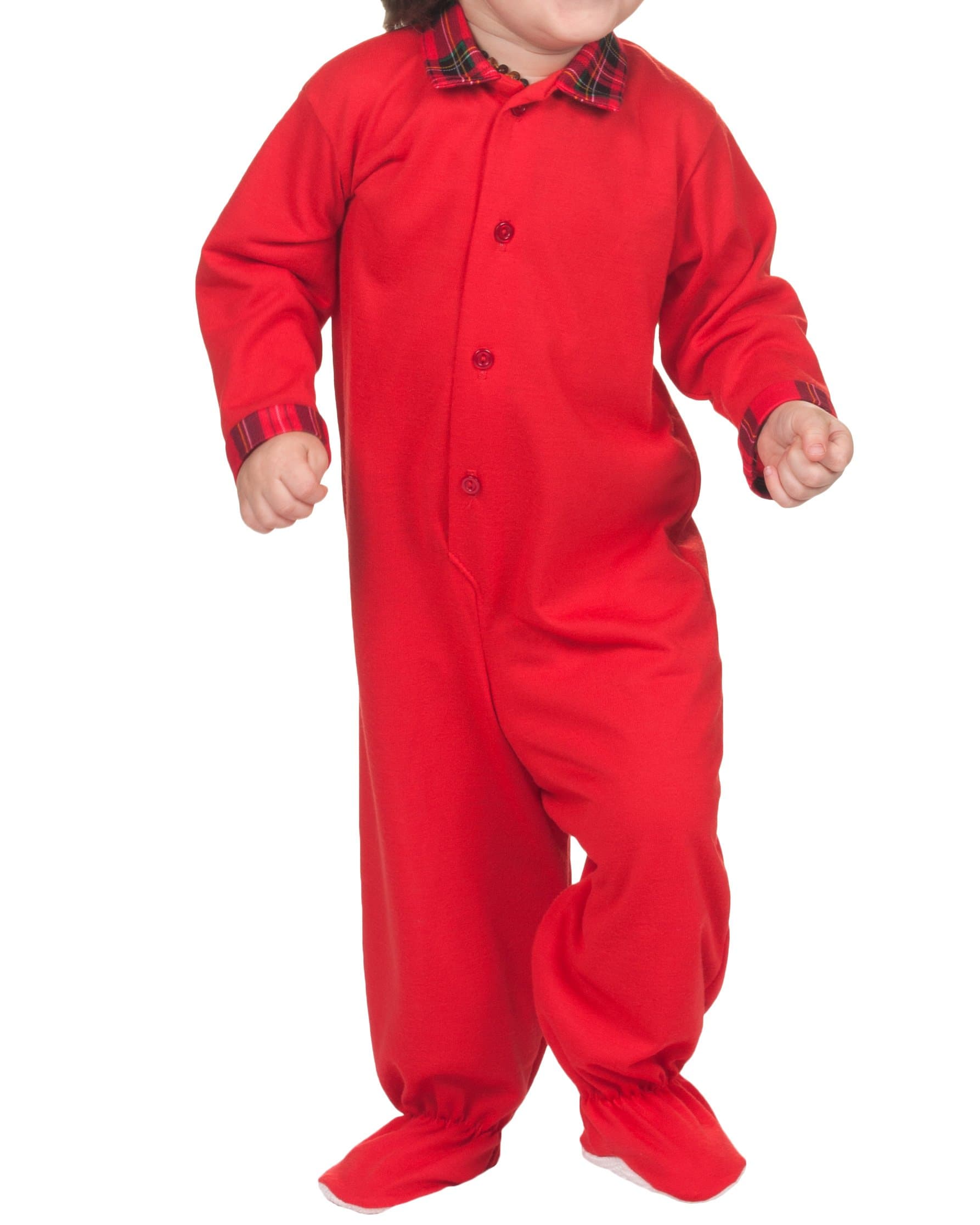 Tom & Jerry Baby Boys Solid Red Footed Button-Up Jumpsuit Plaid Trim (NB - 24m)