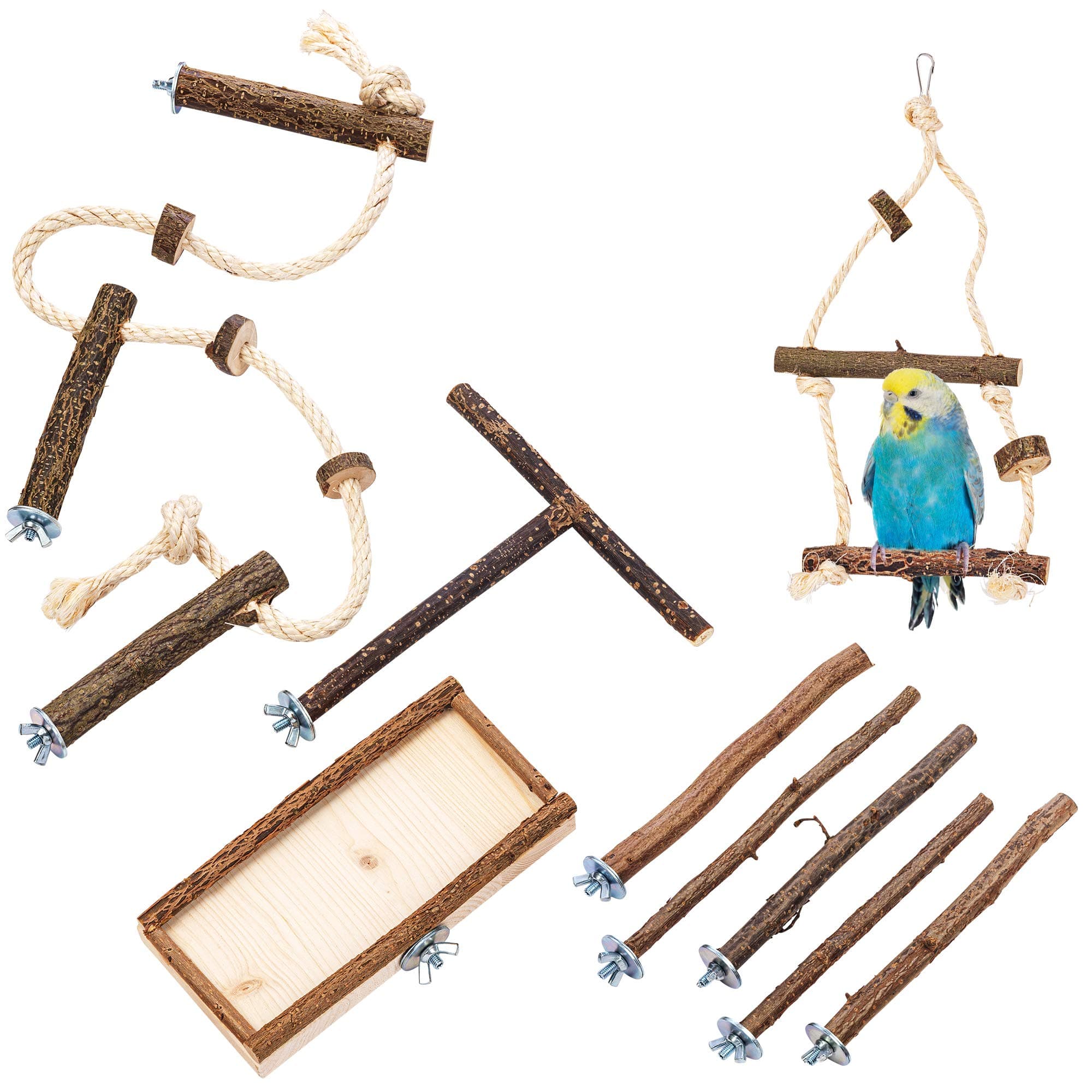 – Vogelgaleria® 10 part basic cage set Set with natural perches bird swing, seat, settling rod and cage rope perch for budgerigar, cockatiel & Co.| Accessories for birdcage