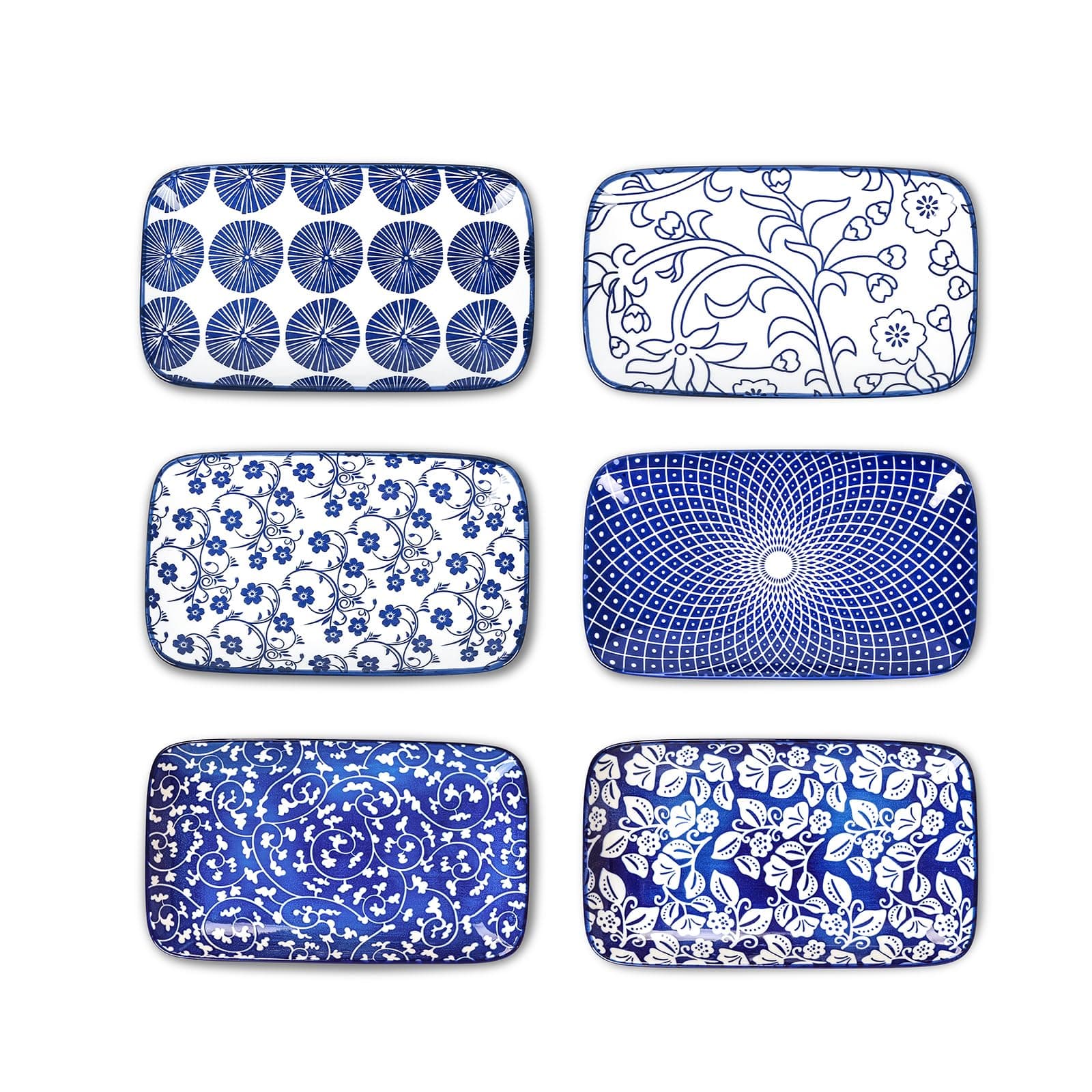 Rectangular Salad Plates, 7.1 Inch Dessert Plates Ceramic, Small Plates for Appetizer, Snack, Sushi, Fruit, Set of 6, Vintage Blue