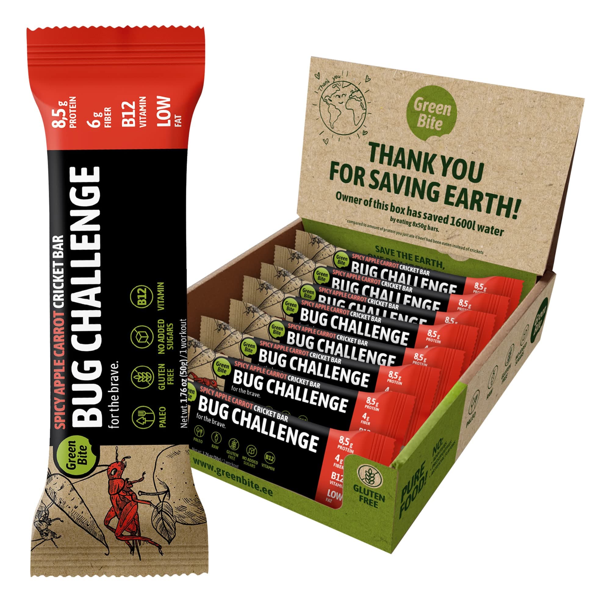 Bug Challenge Cricket Bar, Fit and Active Protein Bars, Nutritious Paleo Diet Snacks, Meal Replacement Bars with Cricket Protein, Tasty Spicy Apple Carrot Flavor, High Fiber, Pack of 8 - Green Bite