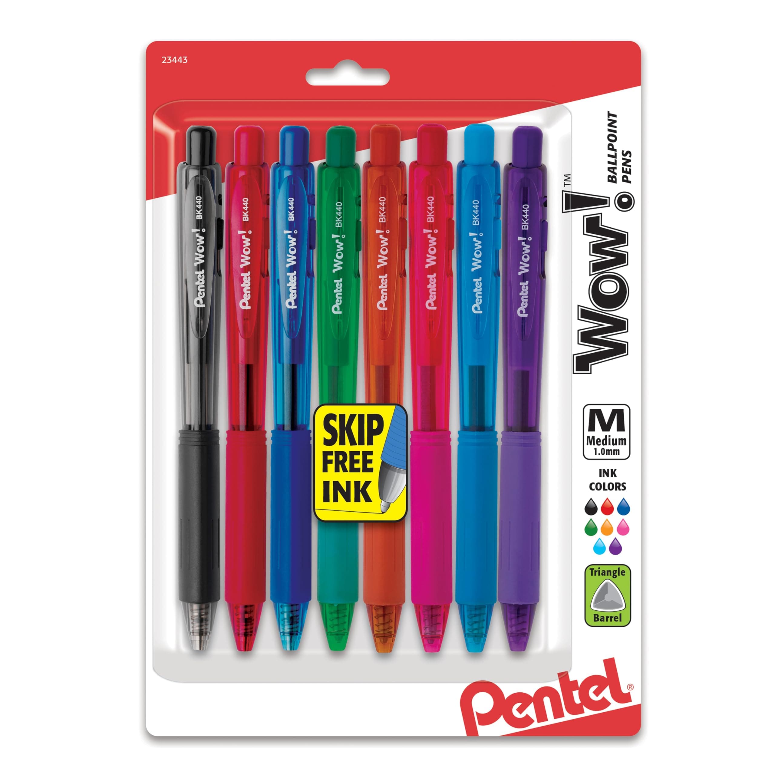 Pentel Wow! Retractable Ballpoint Pens, (1.0mm), Medium Line, Assorted Ink Colors, Pack of 8 (BK440BP8M)