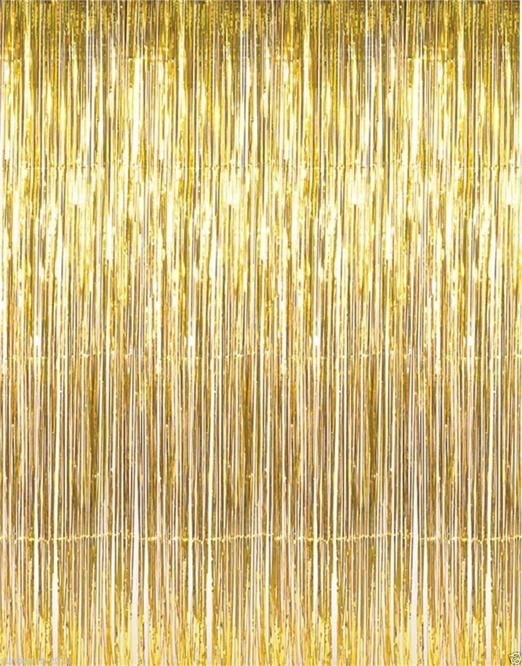 Jocon 3.2 ft Width x 9.8 ft Drop (1Mx3M) Metallic Tensel Foil Fringe Curtain for Wedding Prom Birthday Party Photo Backdrop Decor (2 Packs, Gold)