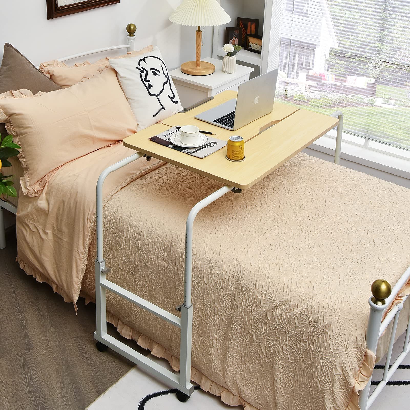 COSTWAY Extendable Overbed Table, Adjustable Mobile PC Laptop Computer Desk with Rolling Wheels, Home Office Study Writing Workstation (Natural)