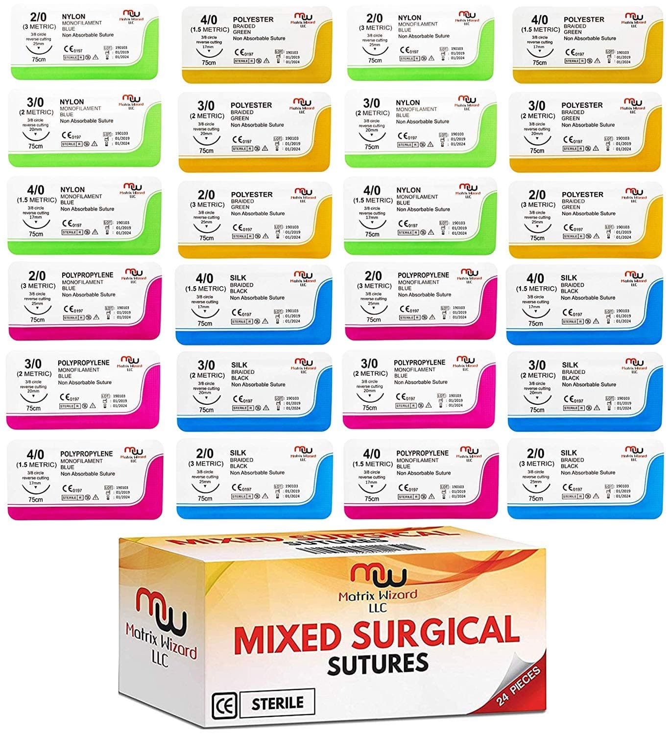 Sutures Thread with Needle (24 Mixed 2/0, 3/0, 4/0) - Practicing Suturing; Taxidermy; Military Tactical Drill, Hospital Clinic Rotation, Camping First Aid Travel Safety; MD, RN, EMT, Vet Demo