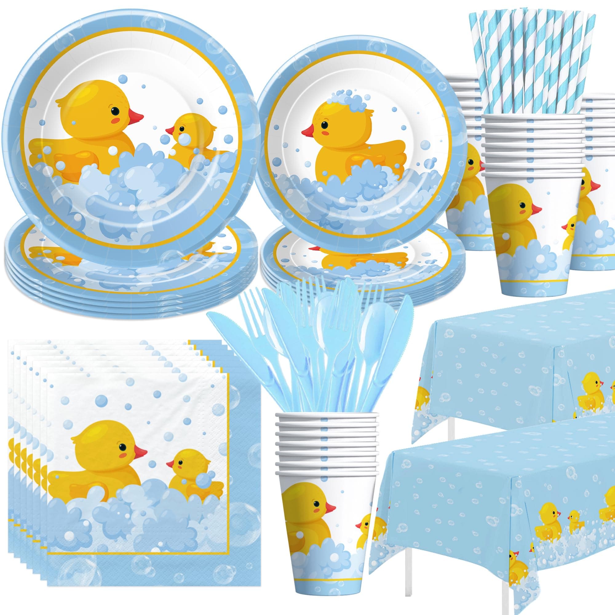APOWBLS Rubber Duck Party Decorations Tableware - Duck Theme Dinnerware Set, Includes Plates, Cups, Napkins, Cutlery, Tablecloth, Serves 24