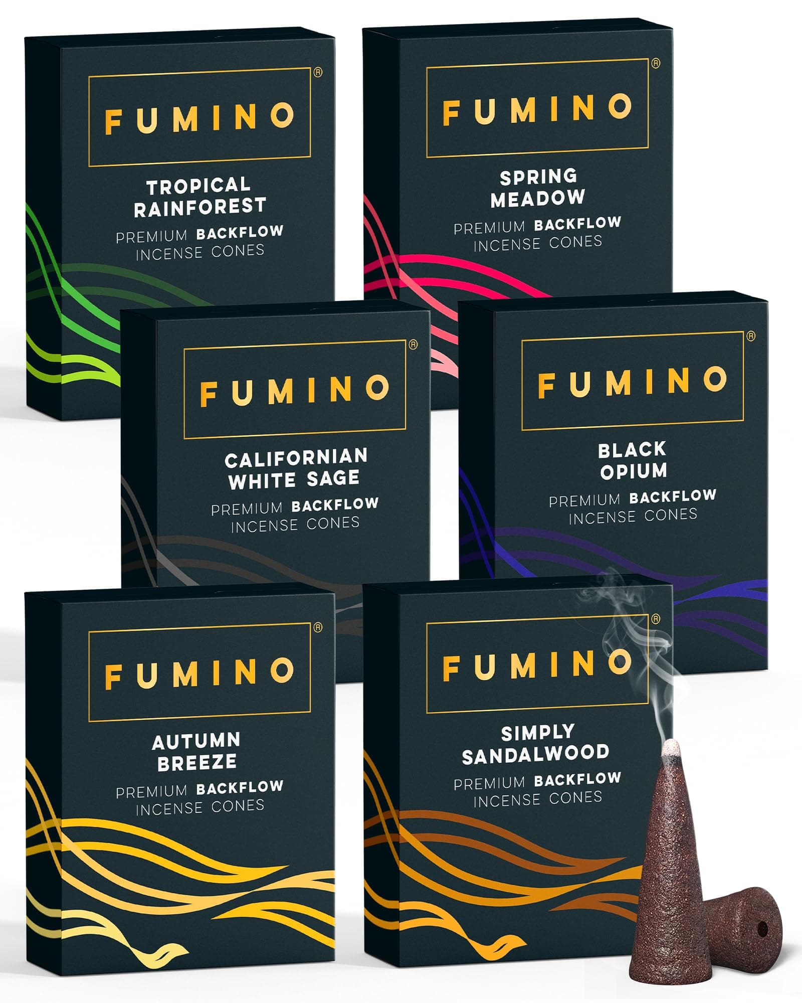 Fumino Fresh Backflow Incense Cones Multipack Essentials Bundle 6 Boxes 90 Cones Masala Agarbatti Joss Scent Fragrance for Relaxation and Meditation, Home and House Decor