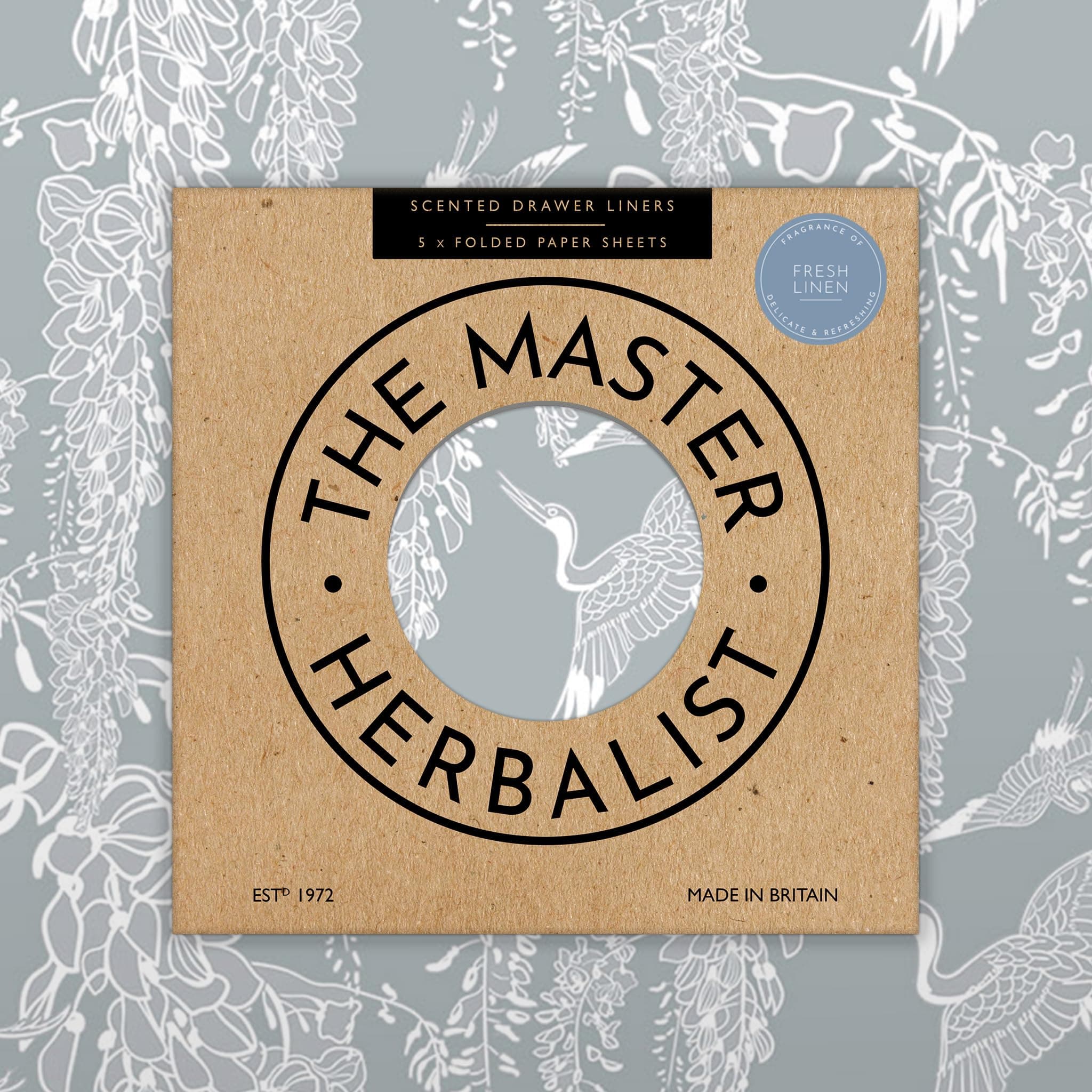 Fragrant Scented Drawer Liners in a CLASSICAL HERON Design (FOLDED) | Pack of 5 Sheets | Contains Essential Oils | Made in the UK (Fresh Linen, 42W x 60L cm)