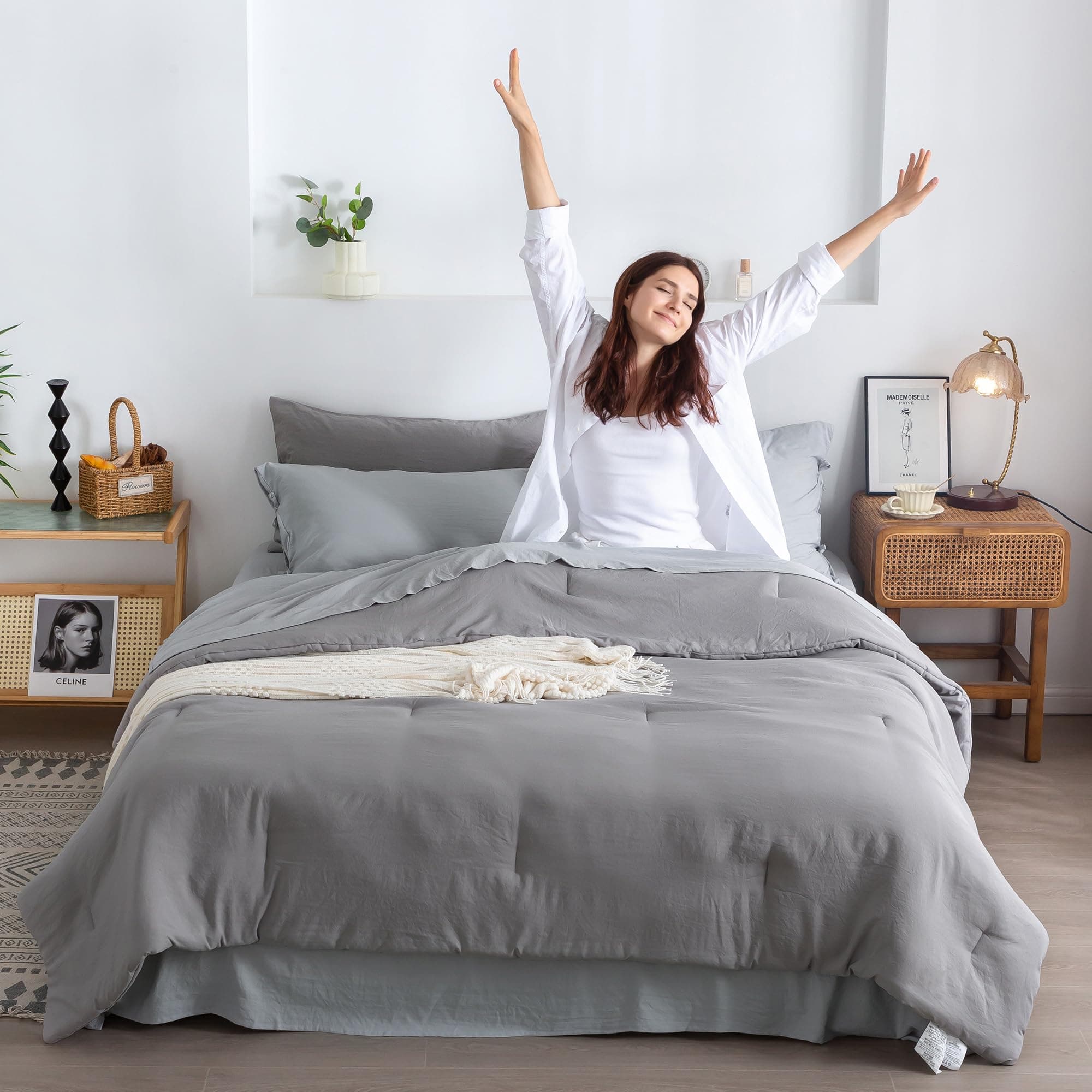 COTTEBED Super Soft King Size Comforter Set with Sheets - 7 Pieces King Bed in A Bag Modern Farmhouse Solid Polycotton Dark Gray Conforter and Light Grey Bedding Sheet Set Pillow Shams All Season Use