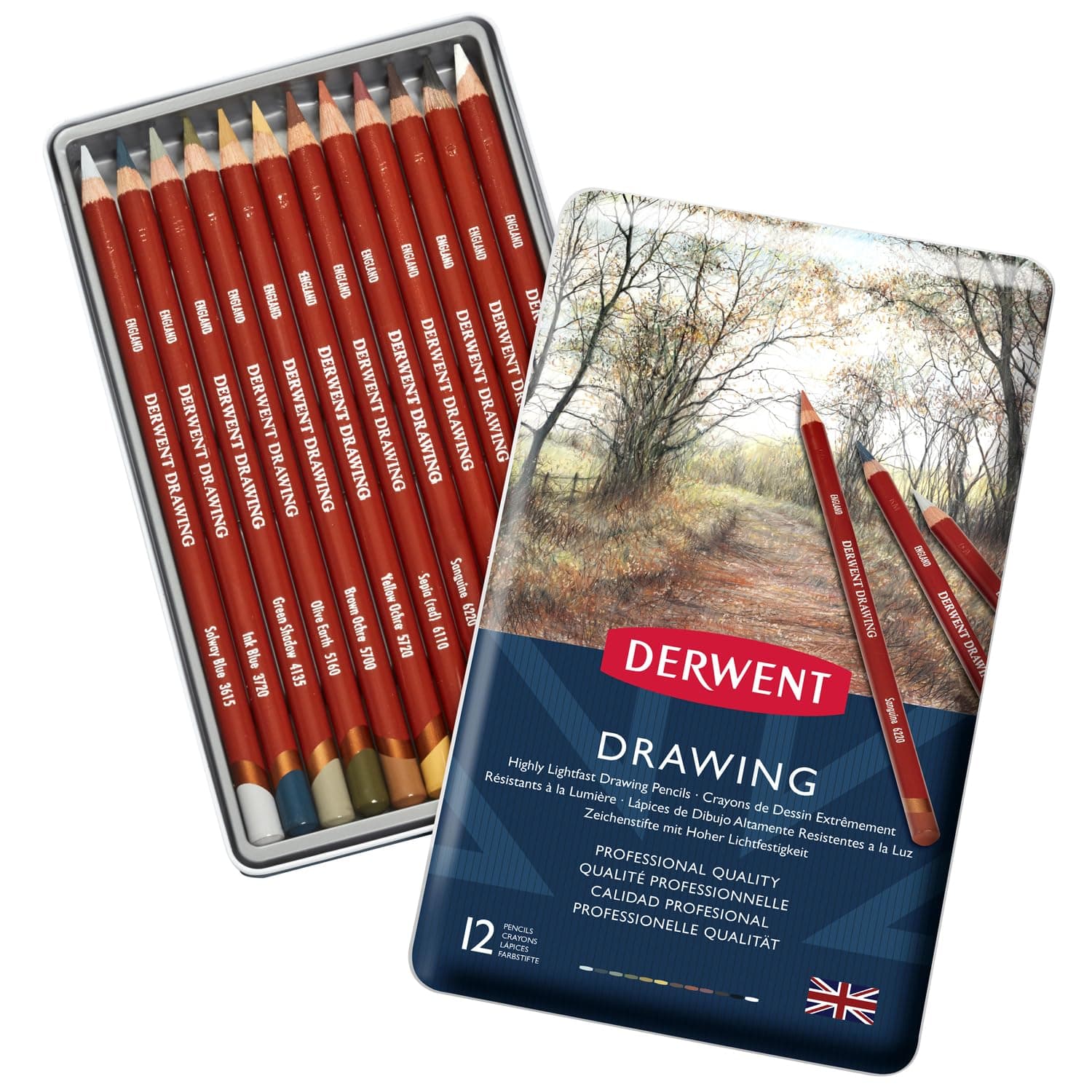 Derwent Drawing Pencils, Set of 12 in Tin, 5mm Round Core, Premium Core Strength, Creamy Texture, Ideal For Fine Art Drawing & Colouring, Professional Quality, 700671