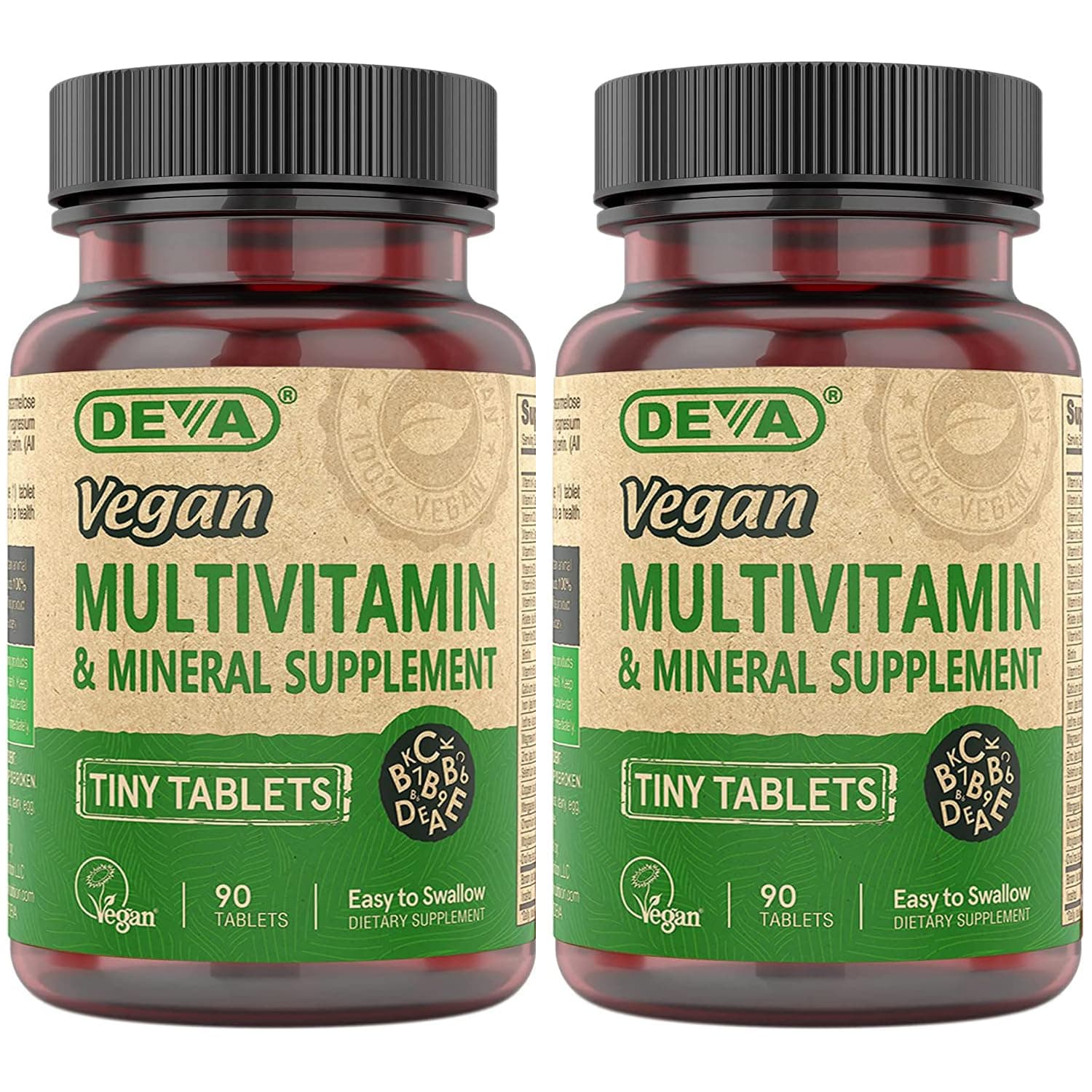 DEVA Tiny Tablets Vegan Multivitamin for Women & Men 2-Pack with Iron, Vitamin C, E, B Complex Vitamins, Zinc, 90 Tablets Each