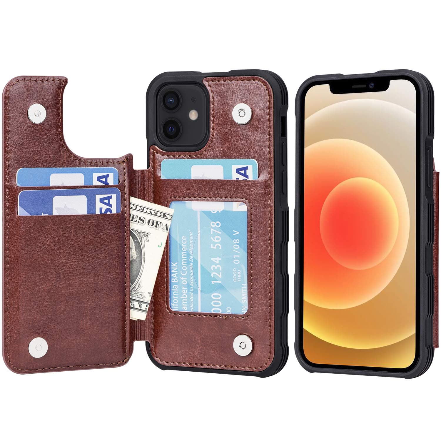 Compatible with iPhone 12 Case and iPhone 12 Pro Case - Wallet Case with PU Leather Card Pockets Back Flip Cover for iPhone 12/12 Pro 6.1 inch (Brown)
