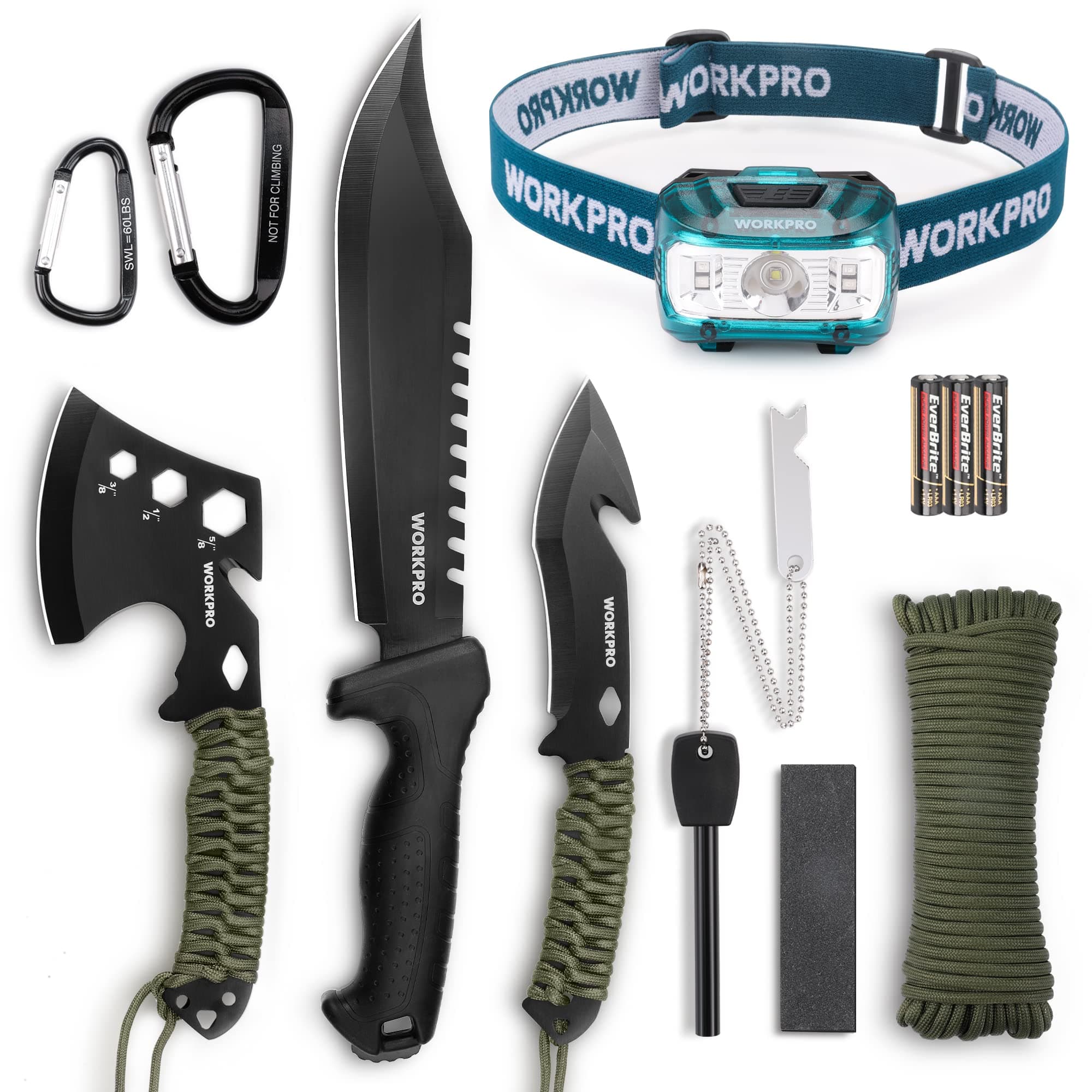 WORKPRO Machete and Camping Hatchet with Sheath, Camping Axe and Fixed Blade Hunting Knives with Paracord Handle, Headlamp, Flint, Camping Survival Tool Set for Hunting, Hiking, Outdoor Adventure