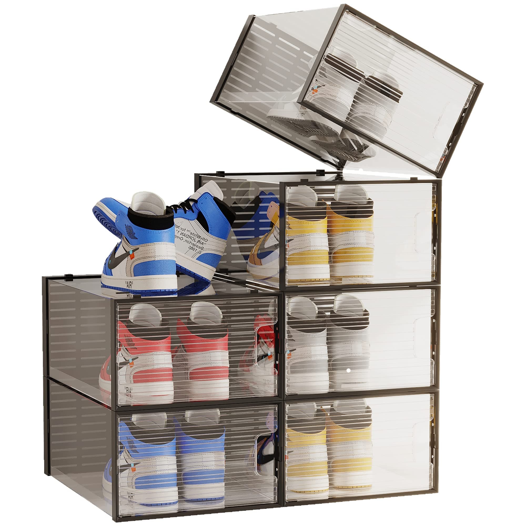 WAYTRIM Stackable Shoe Boxes, Clear Plastic Stackable Shoe Organizer for Closet Space Saving Foldable Shoe Sneaker Containers for Men Women Size 11