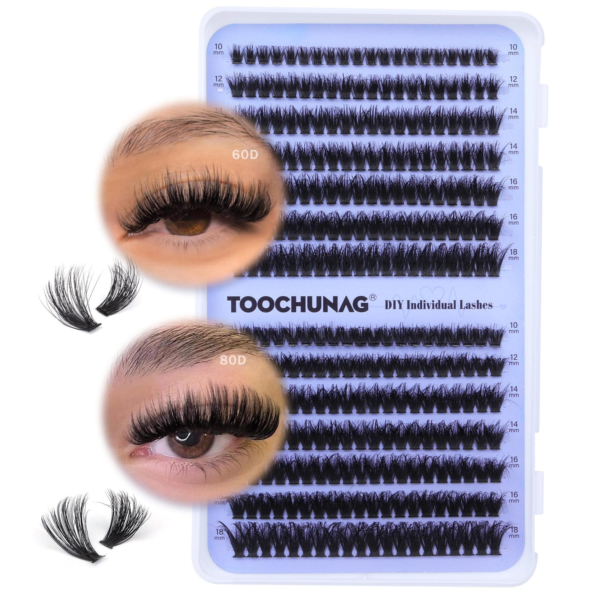 Fluffy Lash Clusters 60D+80D Thick Eyelash Clusters D Curl Wispy Individual Lashes 10-18mm Cluster Eyelash Extensions 280pcs False Eyelashes DIY Flat Lash Extension by TOOCHUNAG