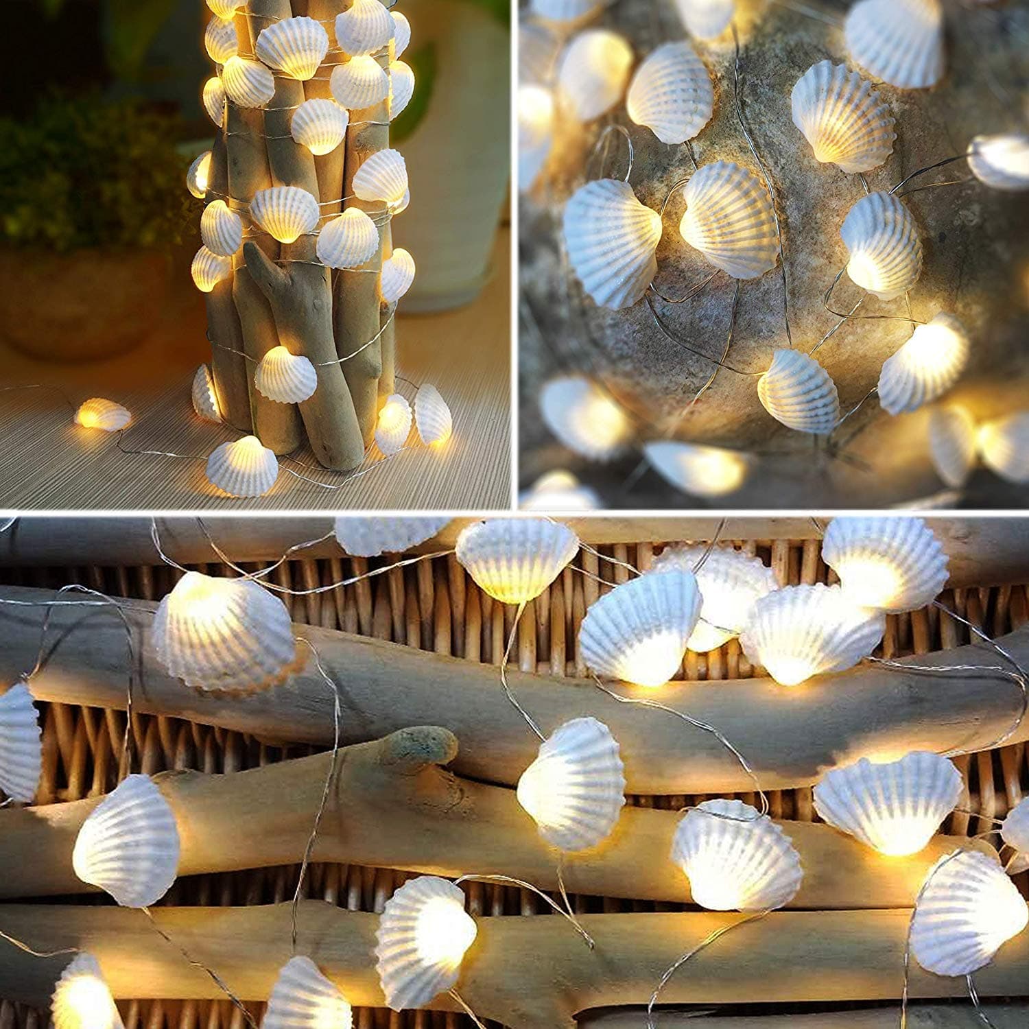 Joyathome Seashell String Lights ,13.85ft 40 Warm White Led Waterproof Battery Operated Beach Themed String Lights for Bedroom Wedding Holiday Party Garden Indoor Outdoor Decorations