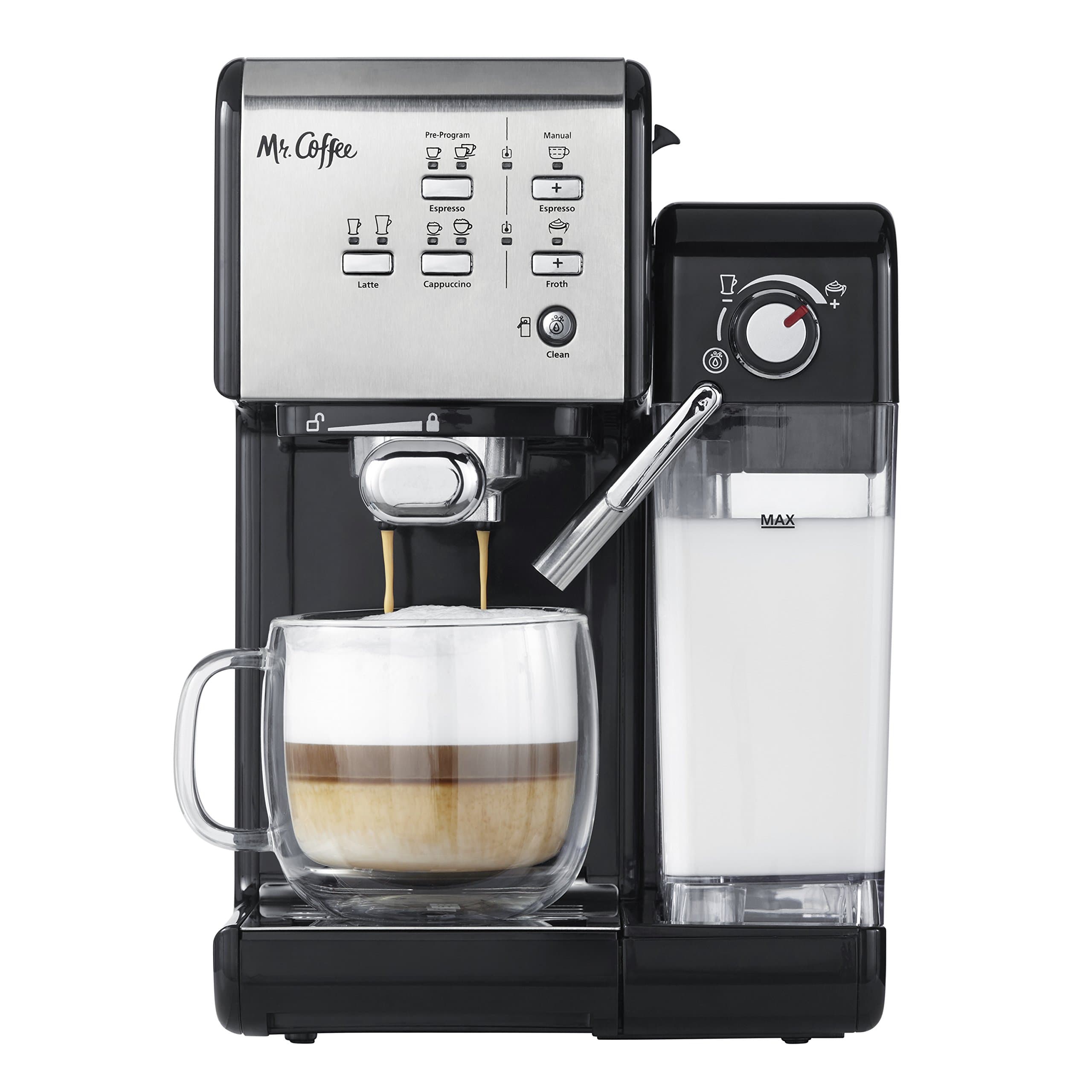 Mr. Coffee Programmable Espresso & Cappuccino Machine with Automatic Milk Frother & 19-Bar Pump, Stainless Steel