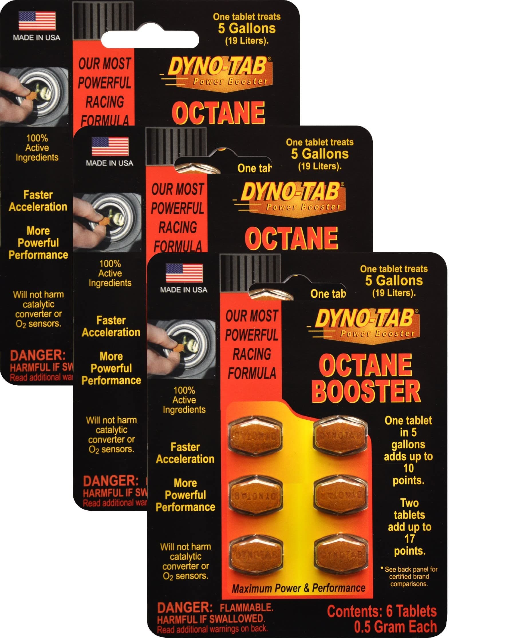 Dyno-tab Octane Booster 6-Tab Card, 3-Pack, Each Pack Adds Up to 17 Points, Lab Tested, Fast-Dissolving, 100% Active Ingredients - NO Solvents, Treats 16 gal/60 Liters, 45456-3pk