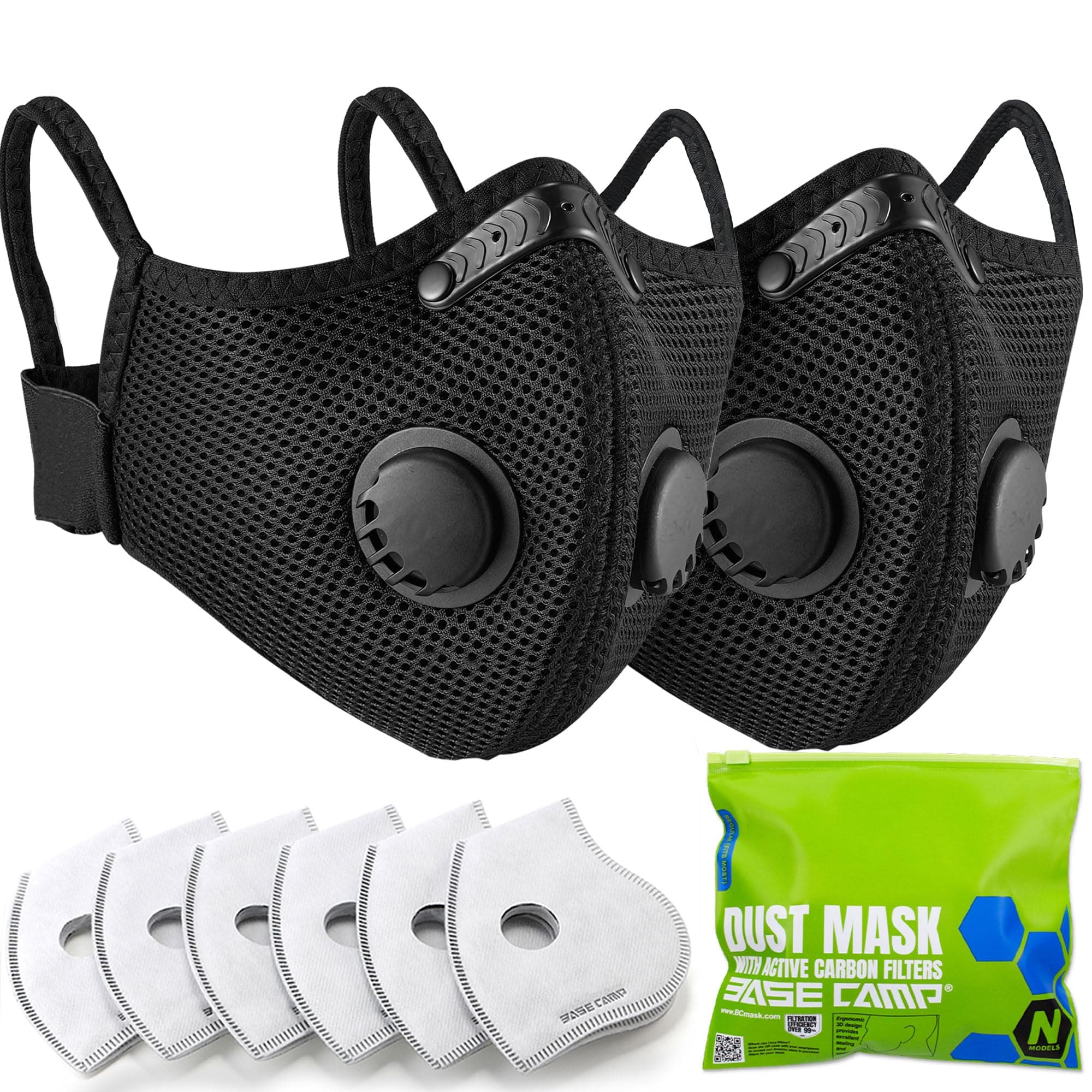 BASE CAMP Upgrade M Plus Dust Mask 2 Pack, Breathable Reusable Dust Face Mask with 6 Activated Carbon Filters for Woodworking Construction Mowing Grinding