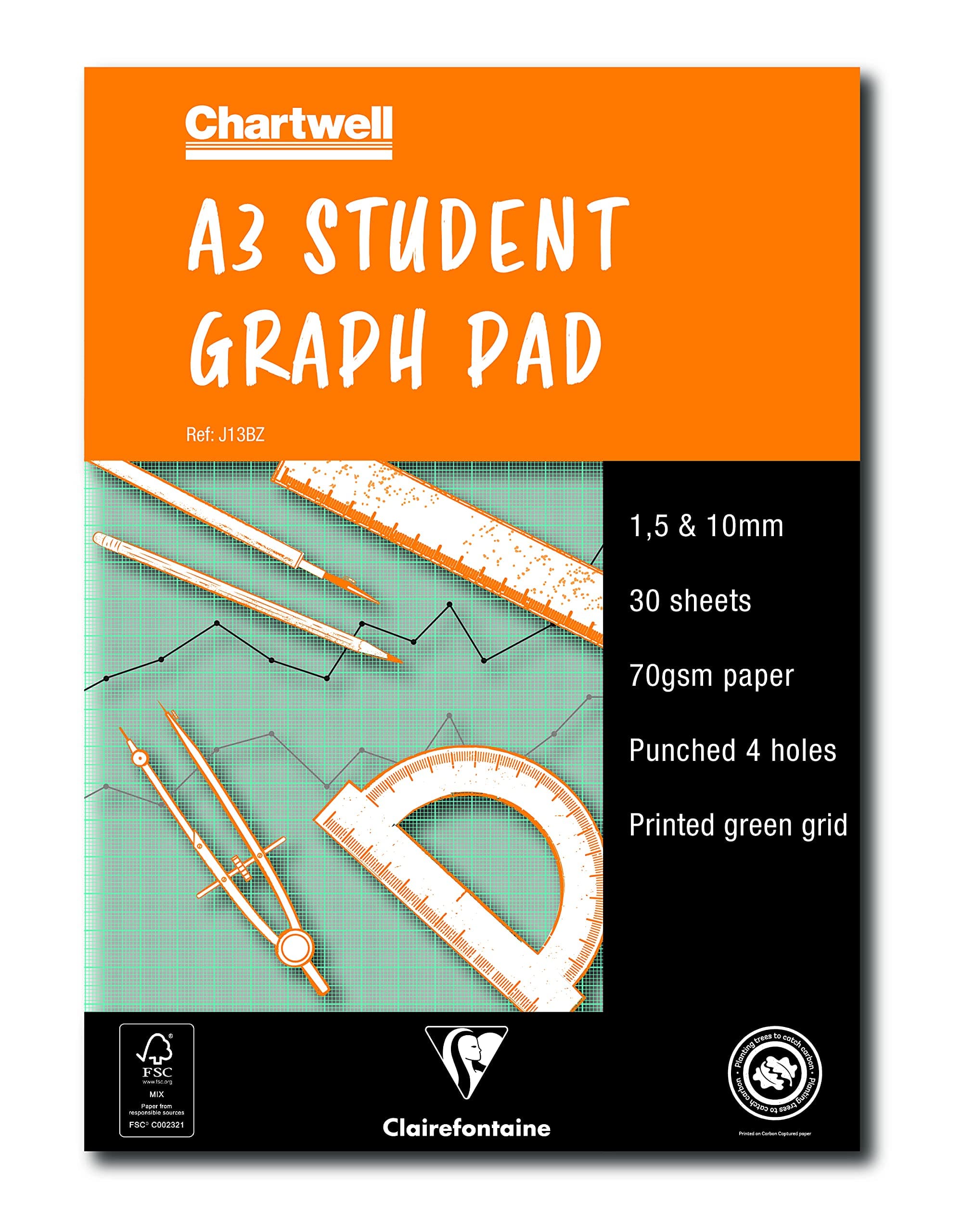 Ref J13BZ - Chartwell Graph Pad (Contains 30 Sheets) - A3 (420 x 297mm) Sized, 1, 5 & 10mm Square Rulings, 70gsm Punched Paper, FSC-Certified