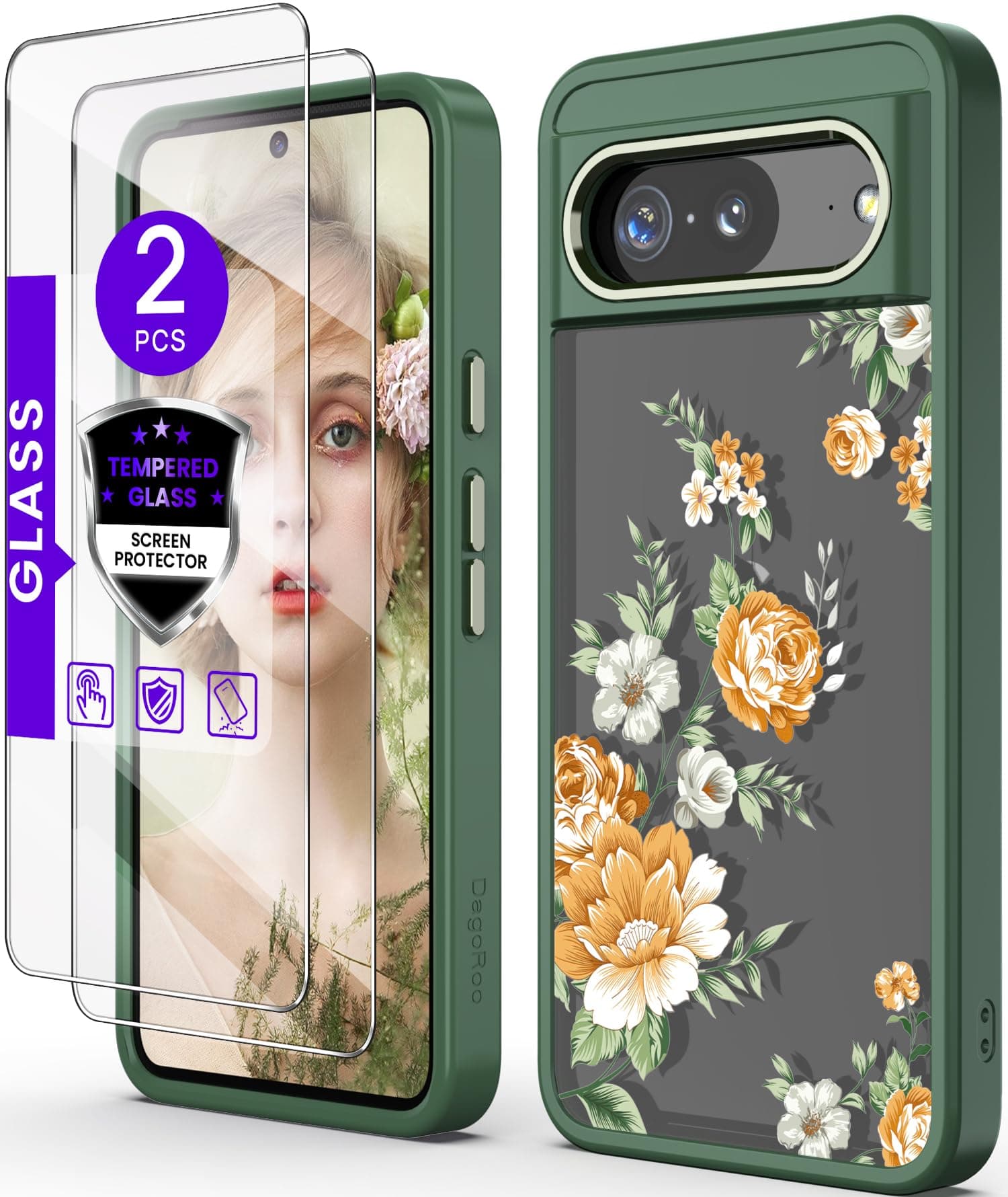 for Pixel 8 Case, Google 8 Case with Tempered Glass Screen Protector [2 Pack], [Military Grade Protective] Slim Soft TPU & Hard PC, Girls Women Crystal Clear Flower Pattern Cases-Alpine Green