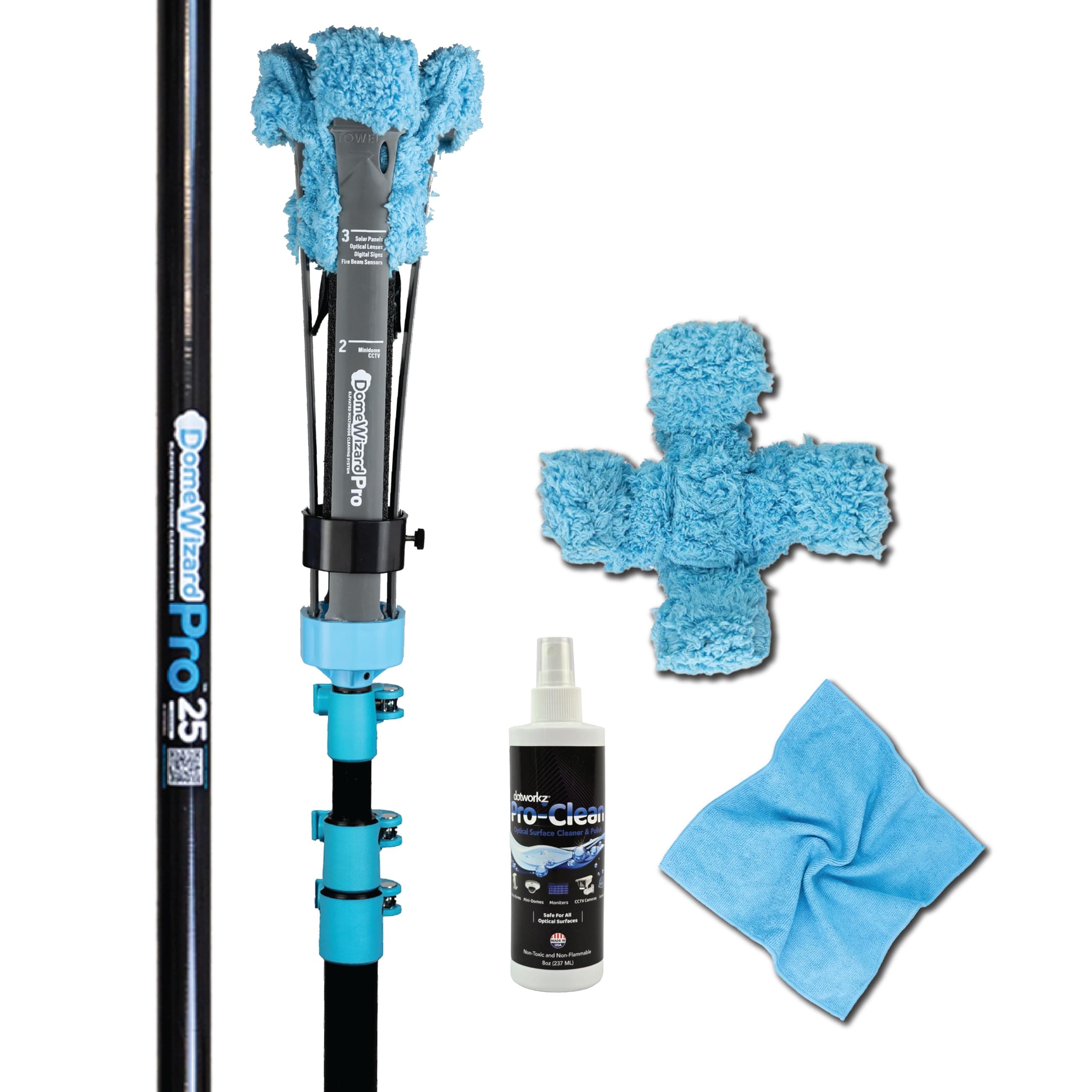 DomeWizard™ 25' Security Camera Cleaning Kit with Professional Grade Carbon Fiber Pole – Lens Cleaner for Dome, PTZ, Mini Dome & Bullet Cameras – Reusable Microfiber Mitt + 8oz Cleaning Solution
