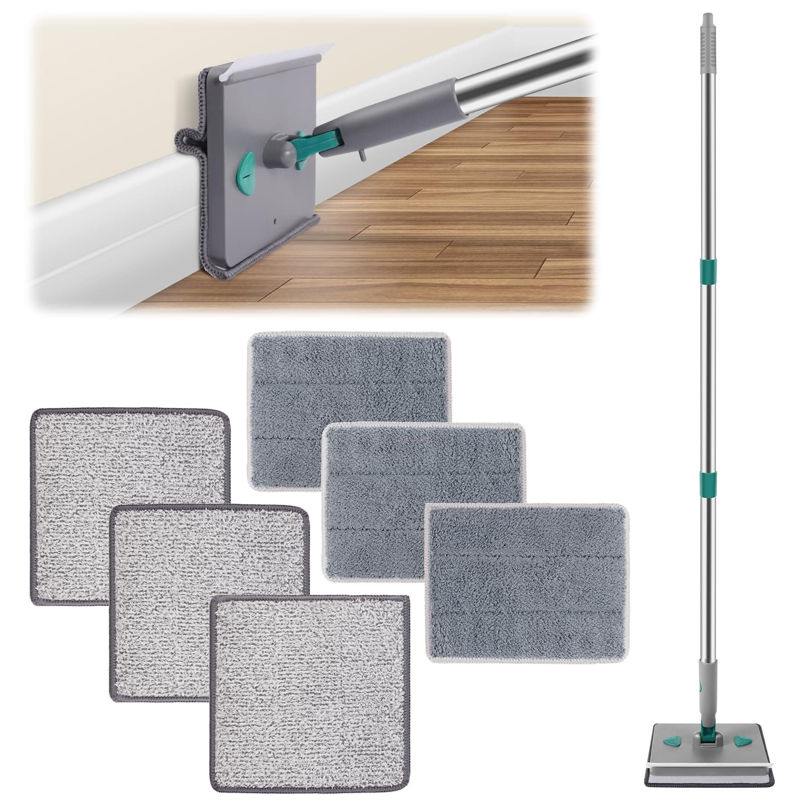 4 in 1 Baseboard Cleaner Duster with Squeegee, Max 82'' Wall Cleaner Mop with Long Handle, Dry Mop Sweeper, Ceiling Cleaning Tool with 6 Replacement Pads for Painted Walls, Window, Floor