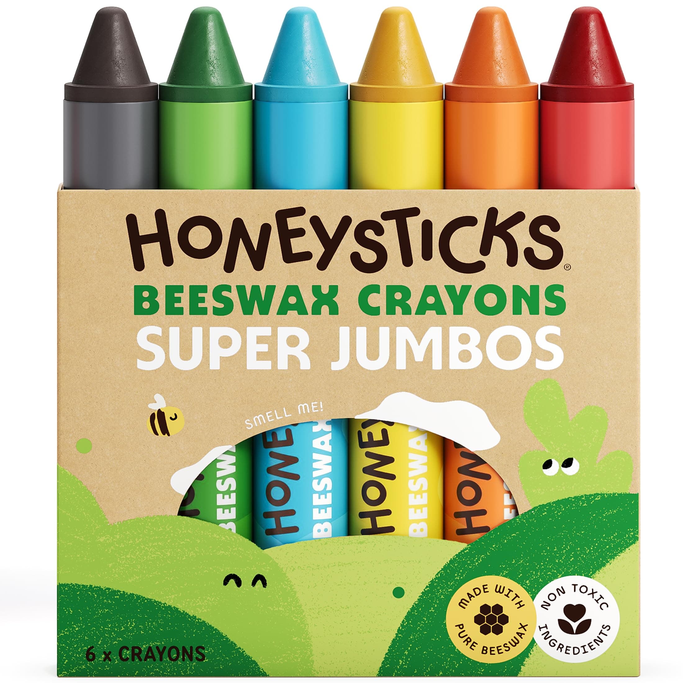 – Honeysticks Super Jumbo Crayons (6 Pack) - 100% Pure Beeswax Crayons with Food Grade Colours, Non Toxic Crayons for Toddlers 1-3 Unbreakable, Extra Large, Easy to Hold and Use, Eco-Friendly