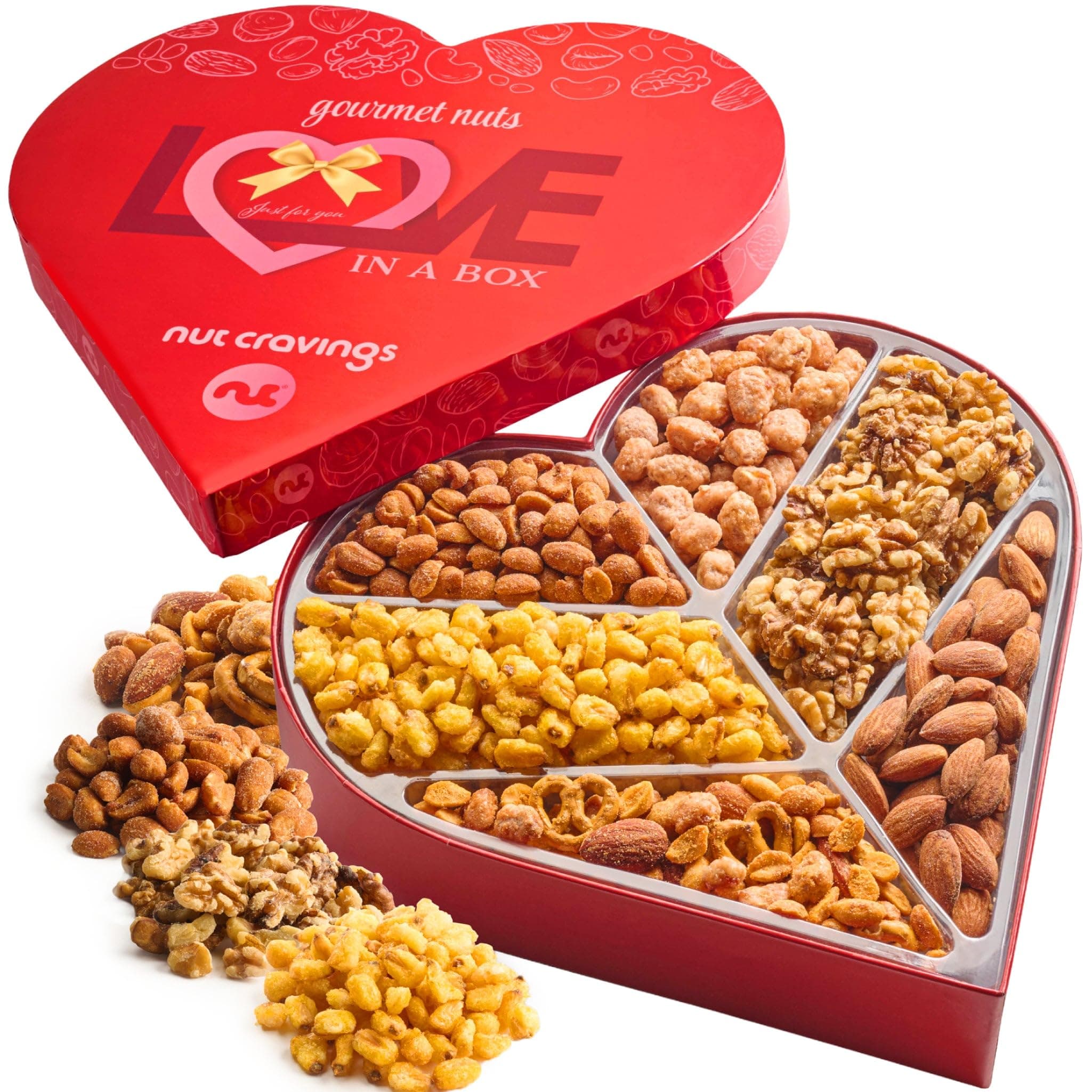 NUT CRAVINGS - Easter Mixed Nuts Heart Shaped Gift Basket, Love in A Box (6 Assortments) Romantic Food Arrangement, Healthy Snack Care Package, Food Assortments