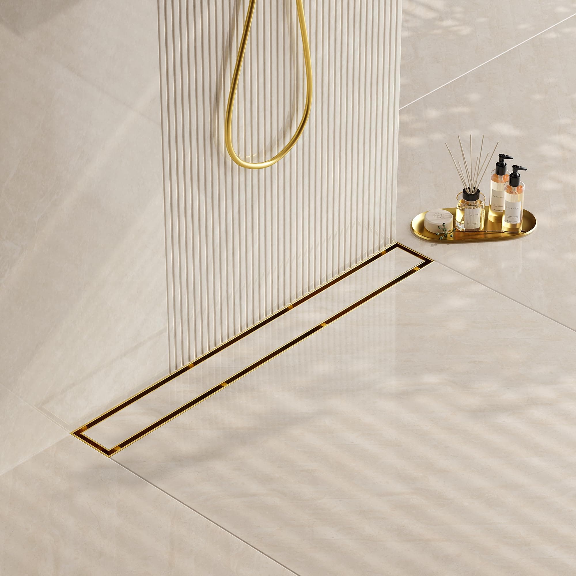 Neodrain 40-Inch Gold Linear Shower Drain, 2-in-1 Flat & Tile Insert Cover, Stainless Steel Linear Drain, Brushed Brass Rectangle Shower Floor Drain with Hair Strainer, Watermark&CUPC Certified