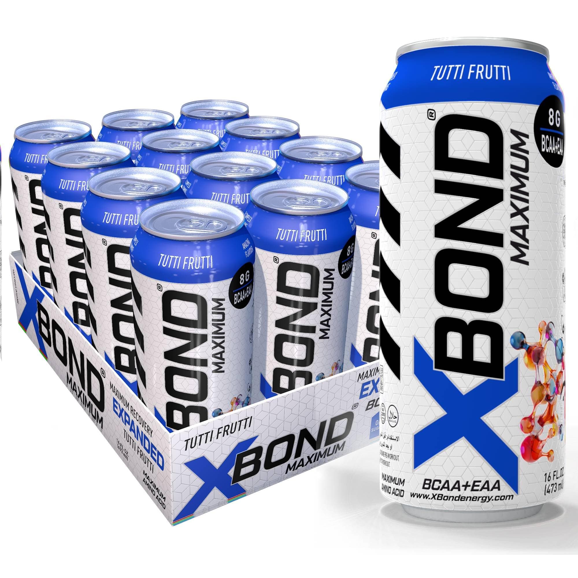 XBOND Maximum Recovery Tutti Frutti Expanded Maximum Amino Drink - BCAA + EAA Electrolytes Drink - 16 fl oz (473 ml) - 8g BCAA/EAA, Sugar Free 34 Calories, 60mg Caffeine Pack of 12