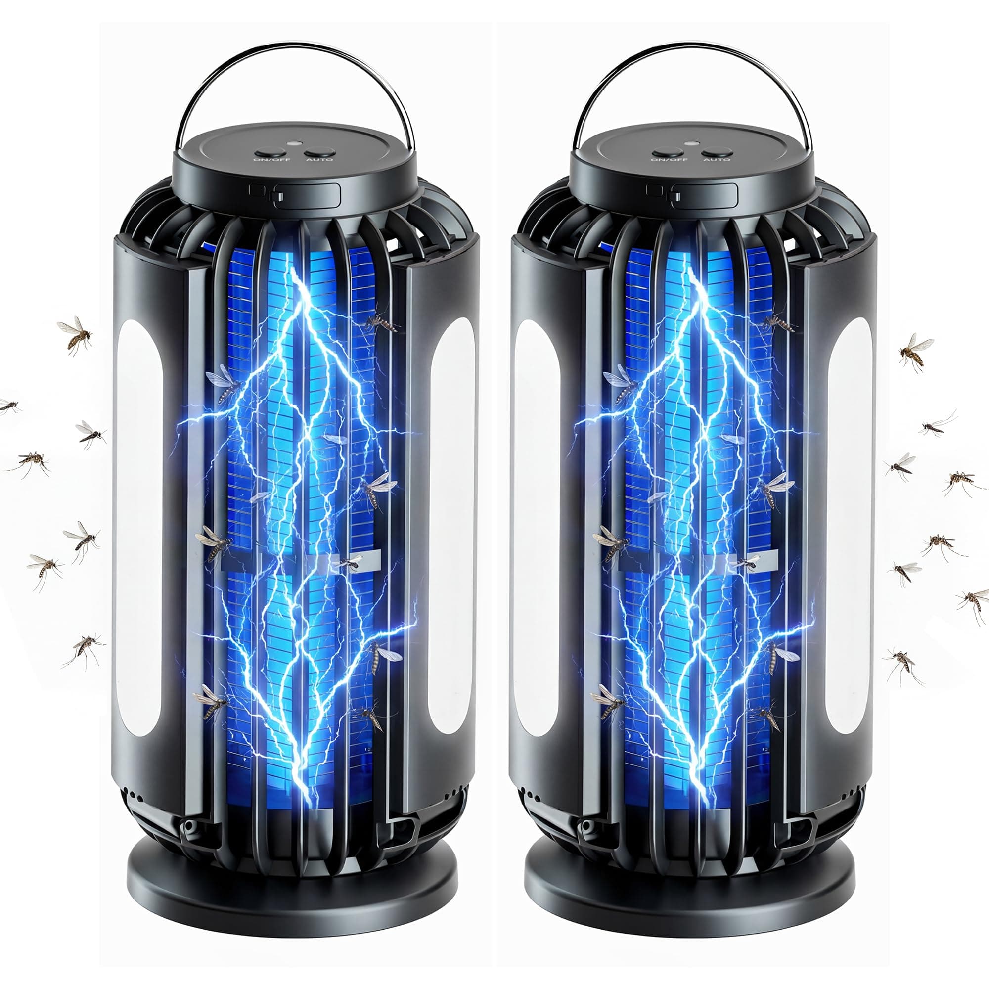 Bug Zapper 2 Pack, Solar Bug Zapper with 3 Solar Charging Panels, IP65 Waterproof Mosquito Zapper, 4200V Mosquito Zapper with LED Light, Outdoor Indoor AUTO ON/Off